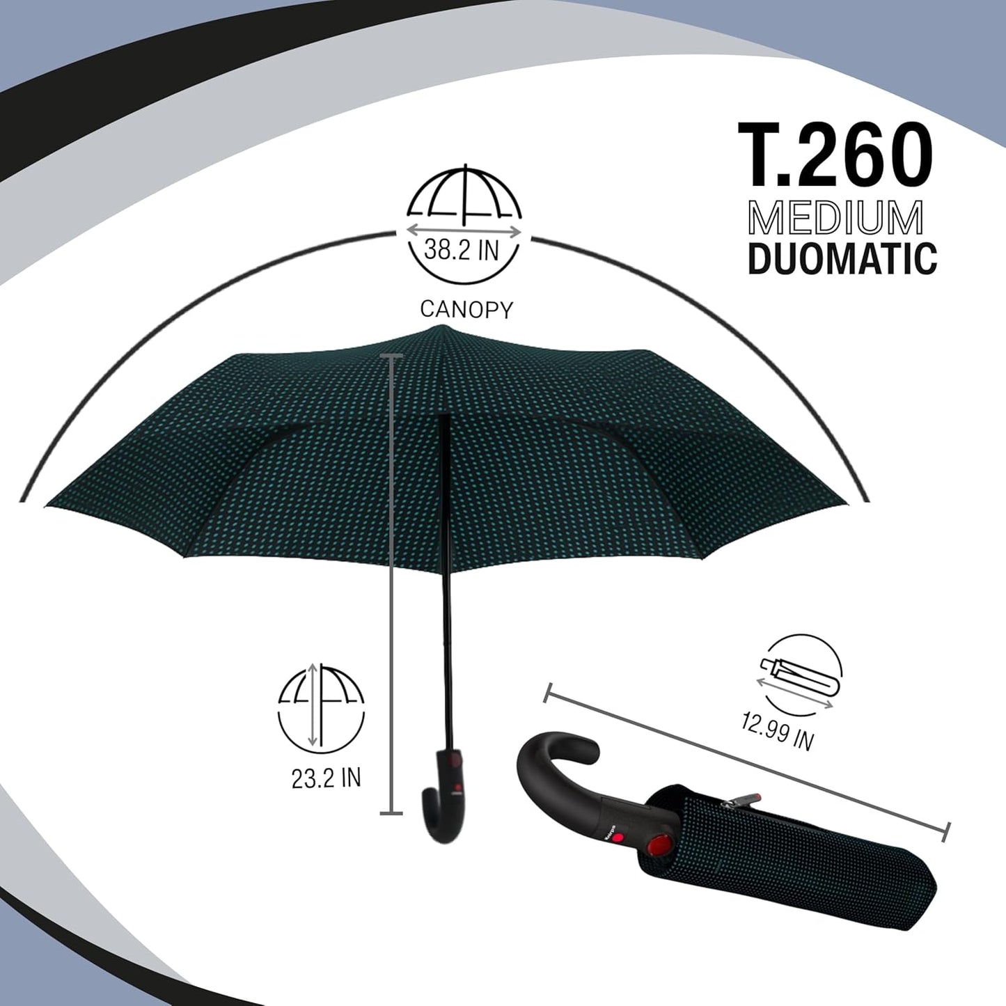 Knirps T.260 Medium Automatic Open Close Rain Umbrella with Curved Handle and Carrying Case - Compact Windproof Travel Umbrellas for Adults, 97cm Diamteter