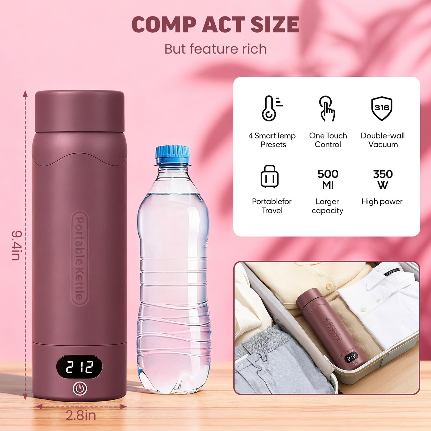 Travel Electric Kettle Portable Mini Kettle, 316 Stainless Steel 16.91Oz/500mL, Small Hot Water