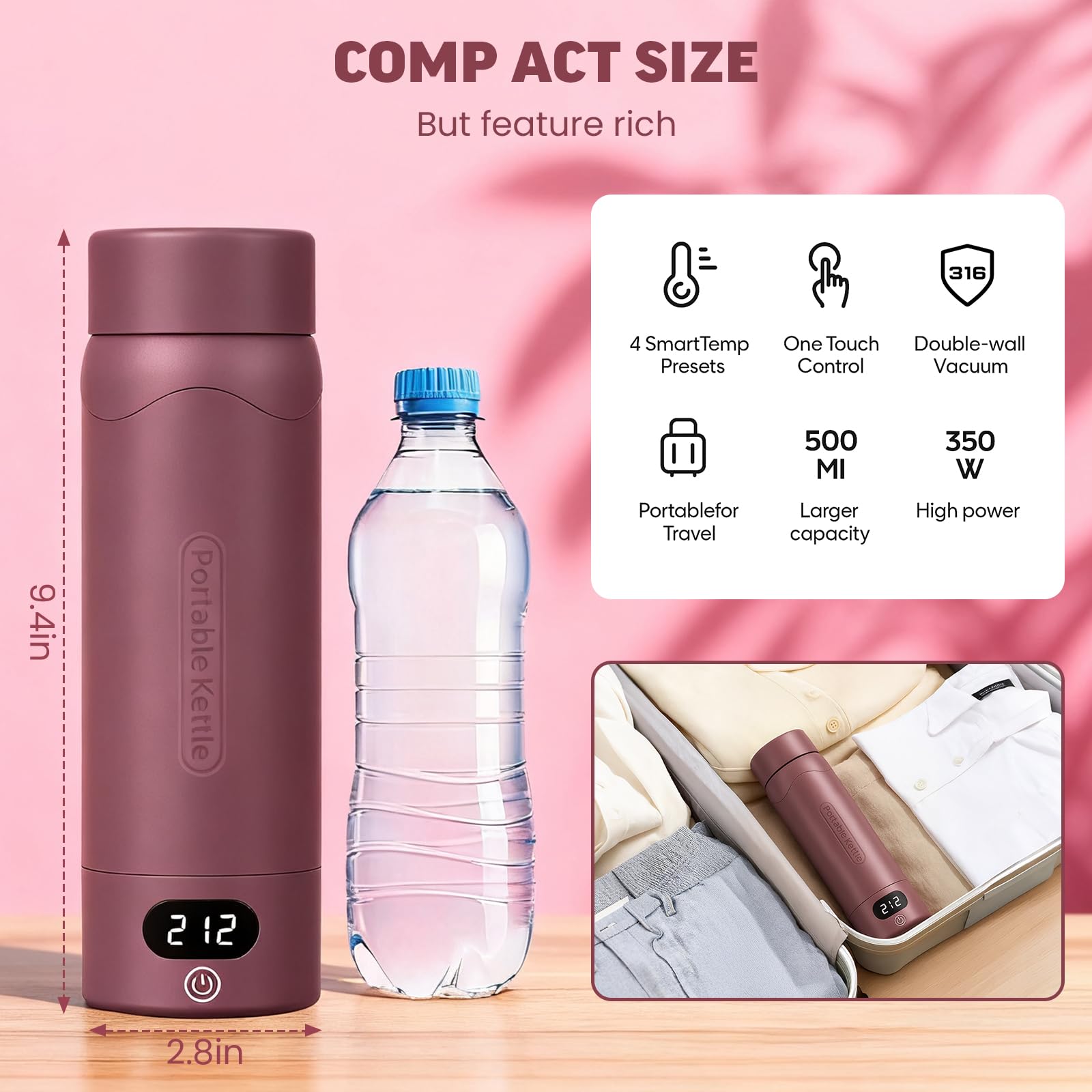 Travel Electric Kettle Portable Mini Kettle, 316 Stainless Steel 16.91Oz/500mL, Small Hot Water