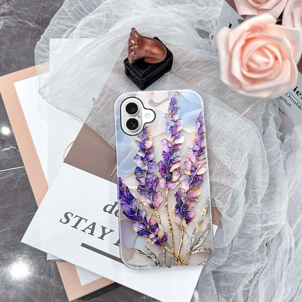 Case for iPhone 16 - Slim Fit Anti-Scratch Phone Case for Girl Women - Lavender Stained Glass Purple Floral (Glossy)