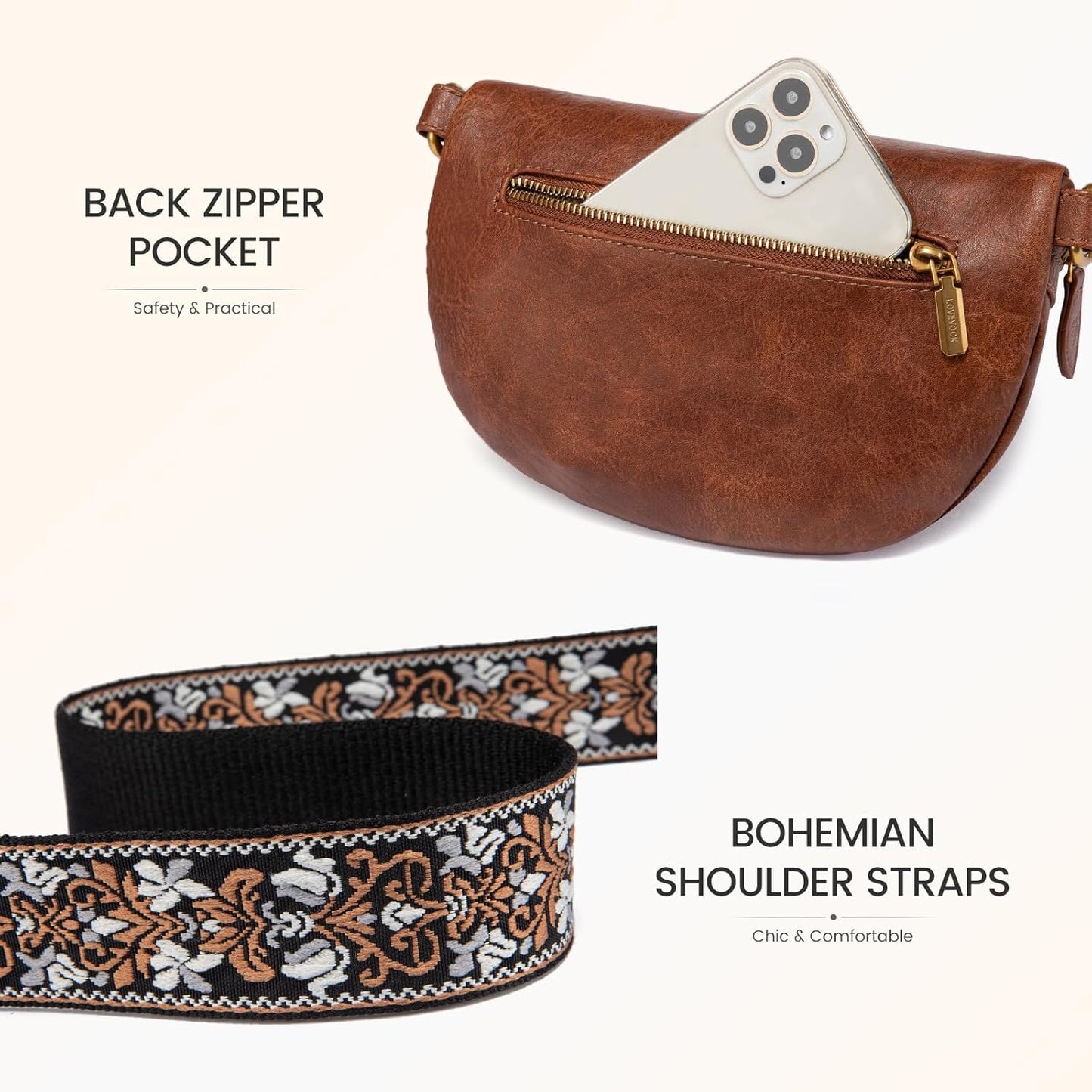 LOVEVOOK Fanny Packs for Women Cross Body, Vegan Leather Belt Bag for Women, Waterproof Sling Purse Fashion Waist Pack Designer Chest Bum Bag with Boho Style Strap