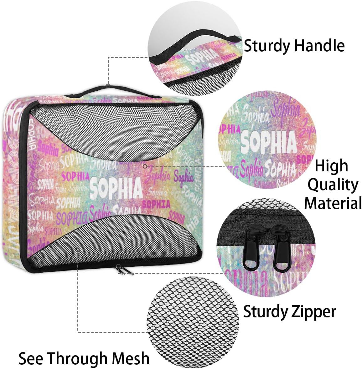 Custom 4 Packing Cubes Set, Lightweight Mesh Travel Luggage Organizers for Travel, 4 Pieces Suitcase Storage Bags, Colorful Rainbow Glitter