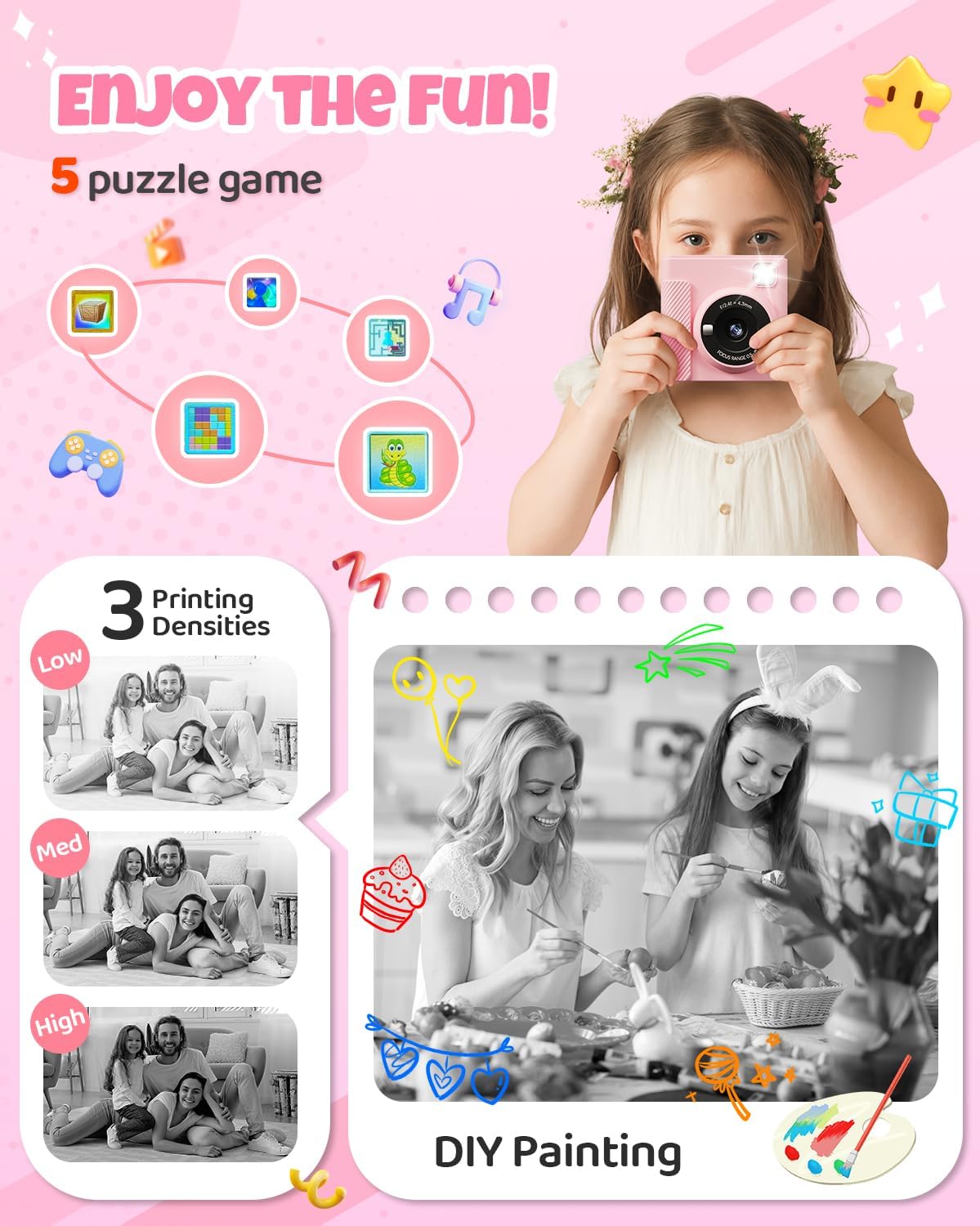 Kids Instant Print Camera, Christmas Birthday Gifts for Girls and Boys, 1080P HD Video Digital Kids Camera with Print Paper & 32G Card, Toddler Toy for 3-14 Years Old (Pink)