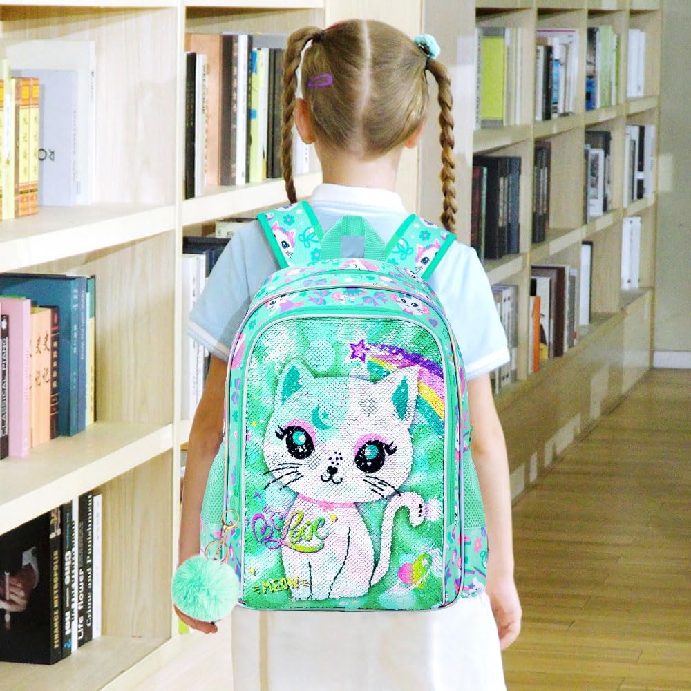 UFNDC 3PCS Backpack for Girls with Lunch Box,16”Kids Sequin Bookbag with Lunch Box, School Bag for Elementary Toddler