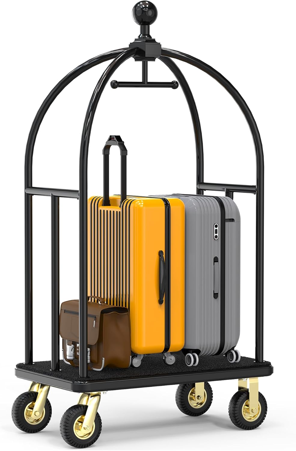 Hotel Luggage Cart,1100 lbs Brushed Stainless Steel Bellman Trolley, Valet Cart with Black Nylon Carpeted Deck Bumper Rails & 8-inch Silent Rubber Pneumatic Wheels– for Hotels, Resorts & Condos