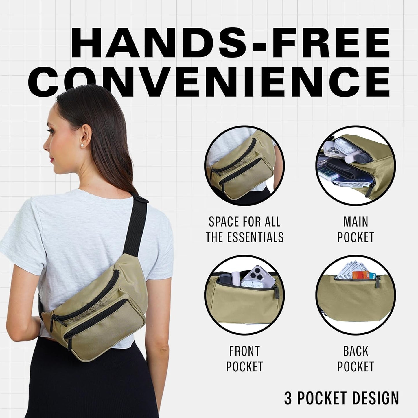 Olive Green Fanny Pack Belt bag - Crossbody Waist Bag for Men or Women - Hands-Free, Waterproof Large Bumbag for Hiking, Running, and Travel