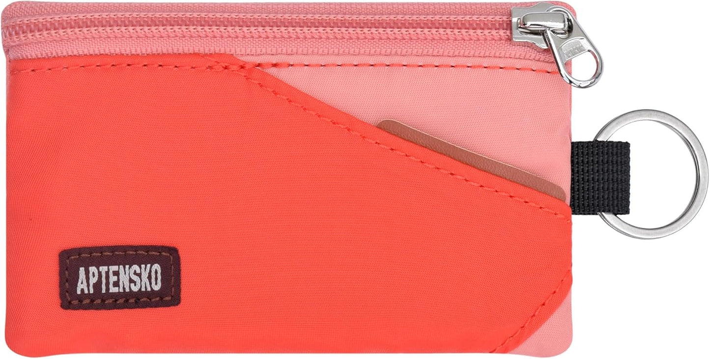 RFID Travel Wallet with Adjustable Lanyard-Zipper Small Wallet with ID Card Holder, Keychain for women&men-Minimalist Slim Waterproof Nylon case for ID, Cash, Key (BlazingOrange+CoralBlush)
