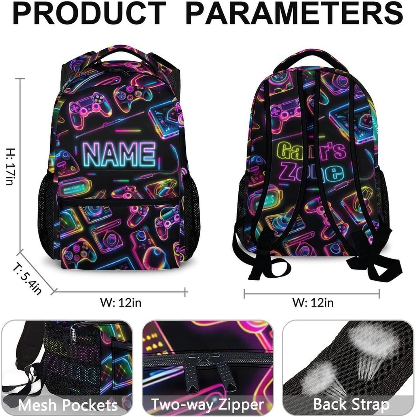 School Backpacks for Boys Girls, 17" Game Backpack for Kids Students, Custom Name Large Capacity Gaming Bookbag for Kindergarten Primary, Personalized School Supplies for Travel Hiking Camping