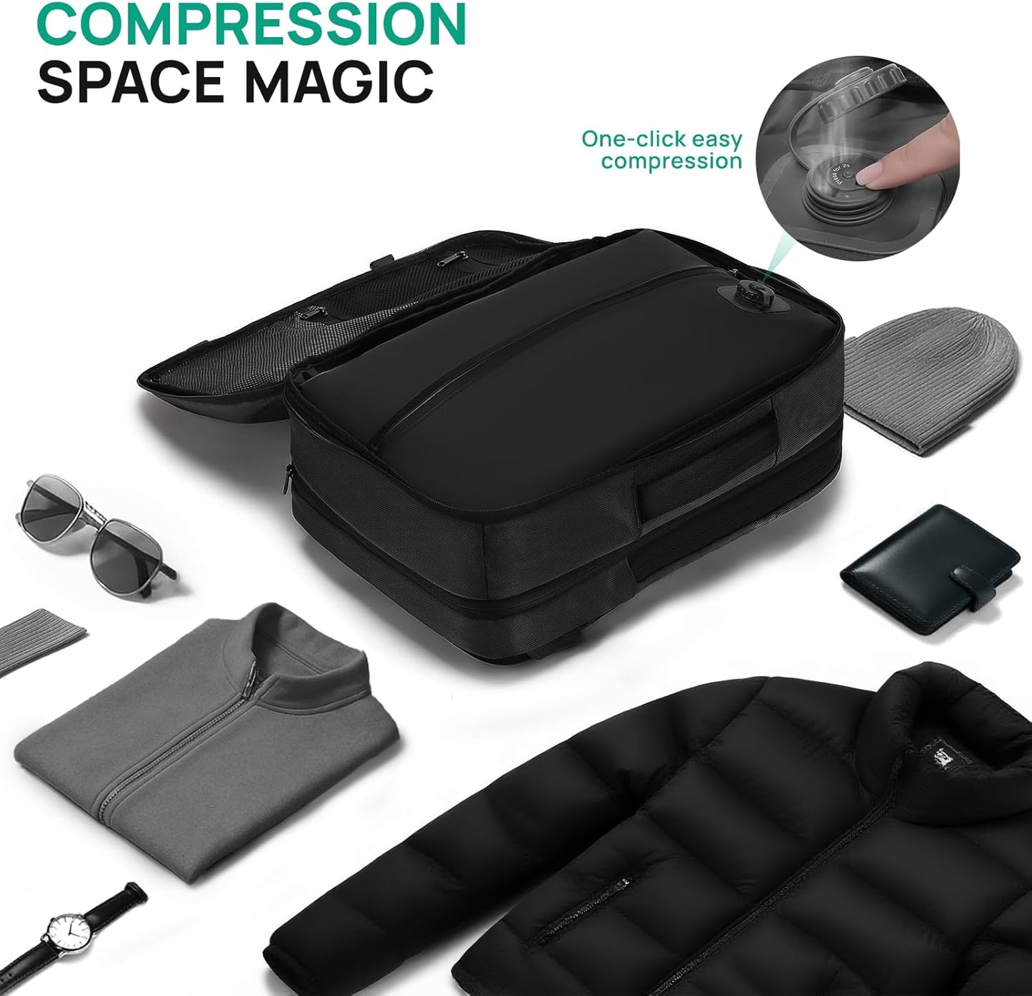 Dinictis Vacuum Seal Travel Backpack 60L Built-in Pump, Expandable Backpack with Vacuum Compression fits 17 inch Laptop, Waterproof Carry On Suitcase Luggage suit for Short Trip and Business-Black