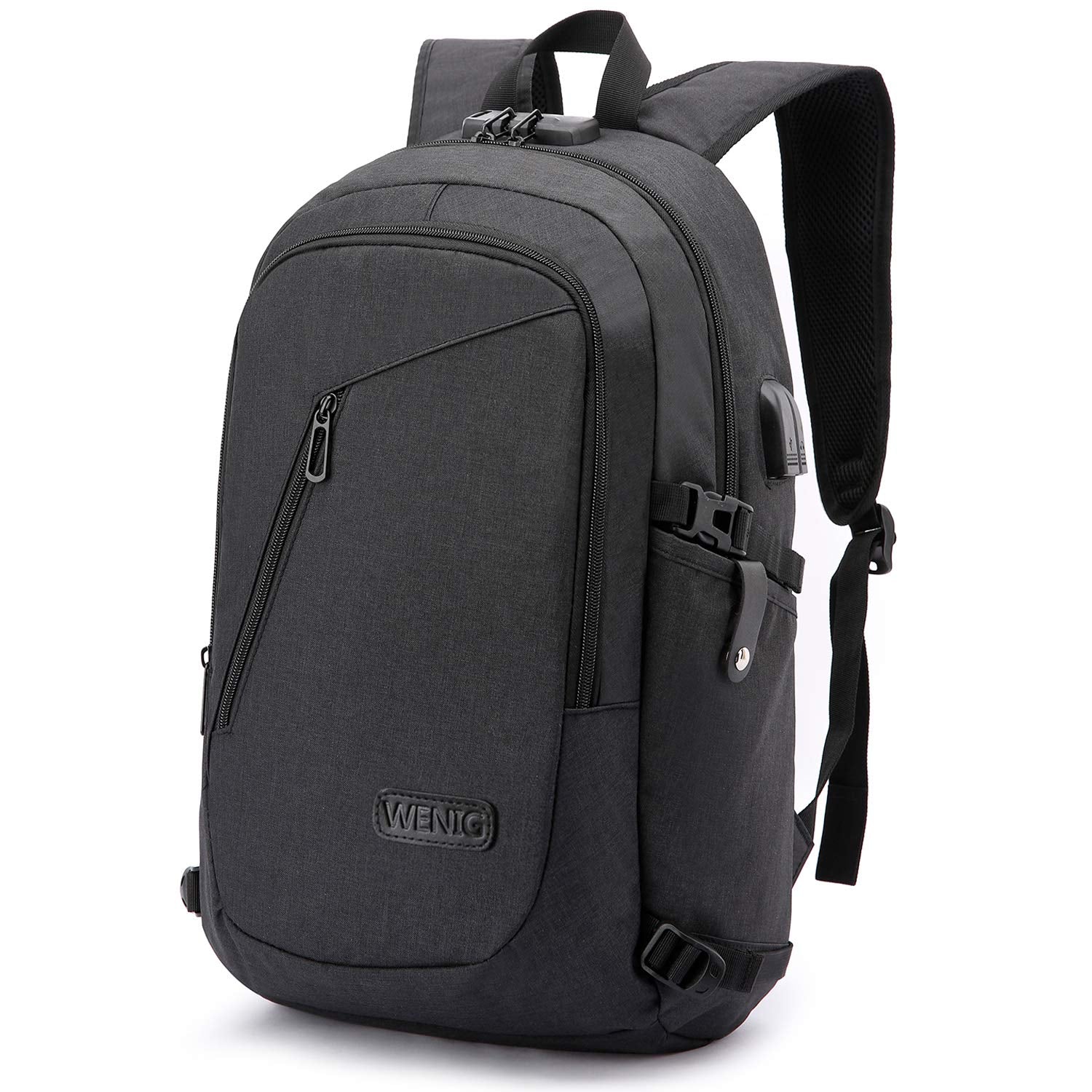 WENIG Anti-Theft Travel Laptop Backpack with USB Charging Port Lock,Water Resistant Slim Work