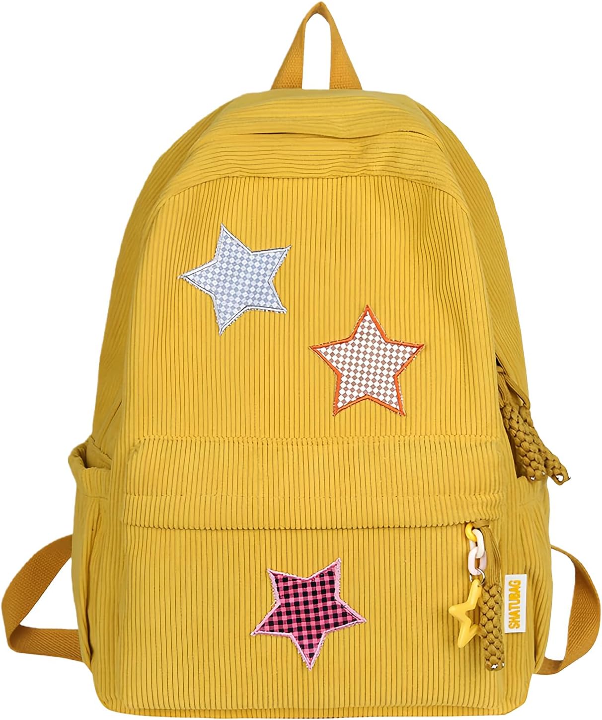 Corduroy Backpack with Star Pattern, Trendy and Versatile, Fits 14'' Laptop Large Capacity Daily Commute (Yellow)