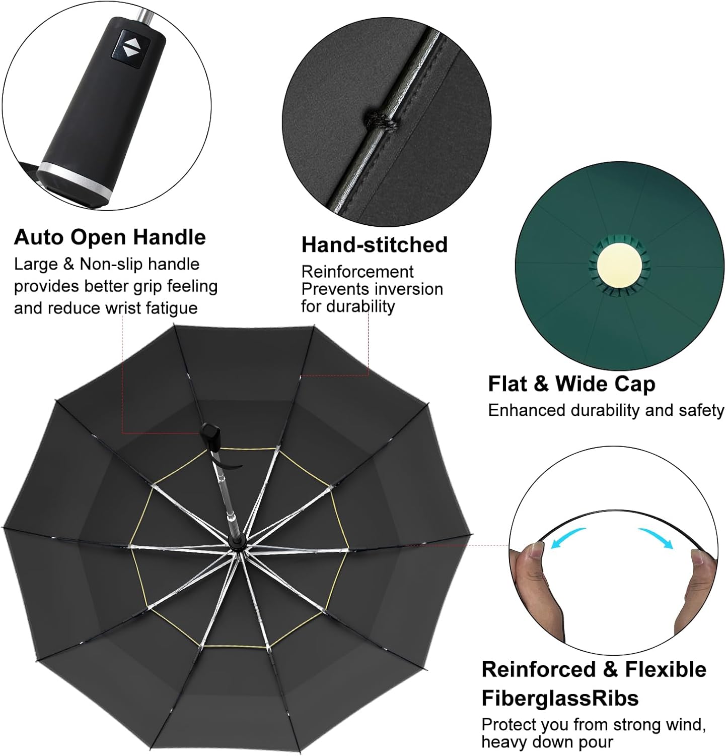 Satol Extra Large Golf Umbrella, 46/54/62 Inch Windproof 10 Ribs Vented Double Canopy Reflective Strips Automatic Open/Close Waterproof UV Protection Portable Compact Umbrella for Outdoor & Travel