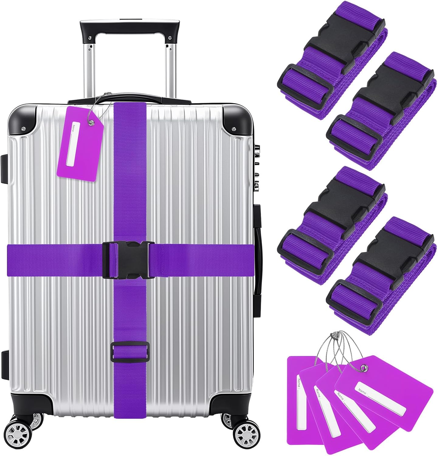 4-Sets Luggage Straps TSA Approved, Travel Straps for Luggage Suitcase Tags Set, Adjustable Suitcase Belt [Purple]