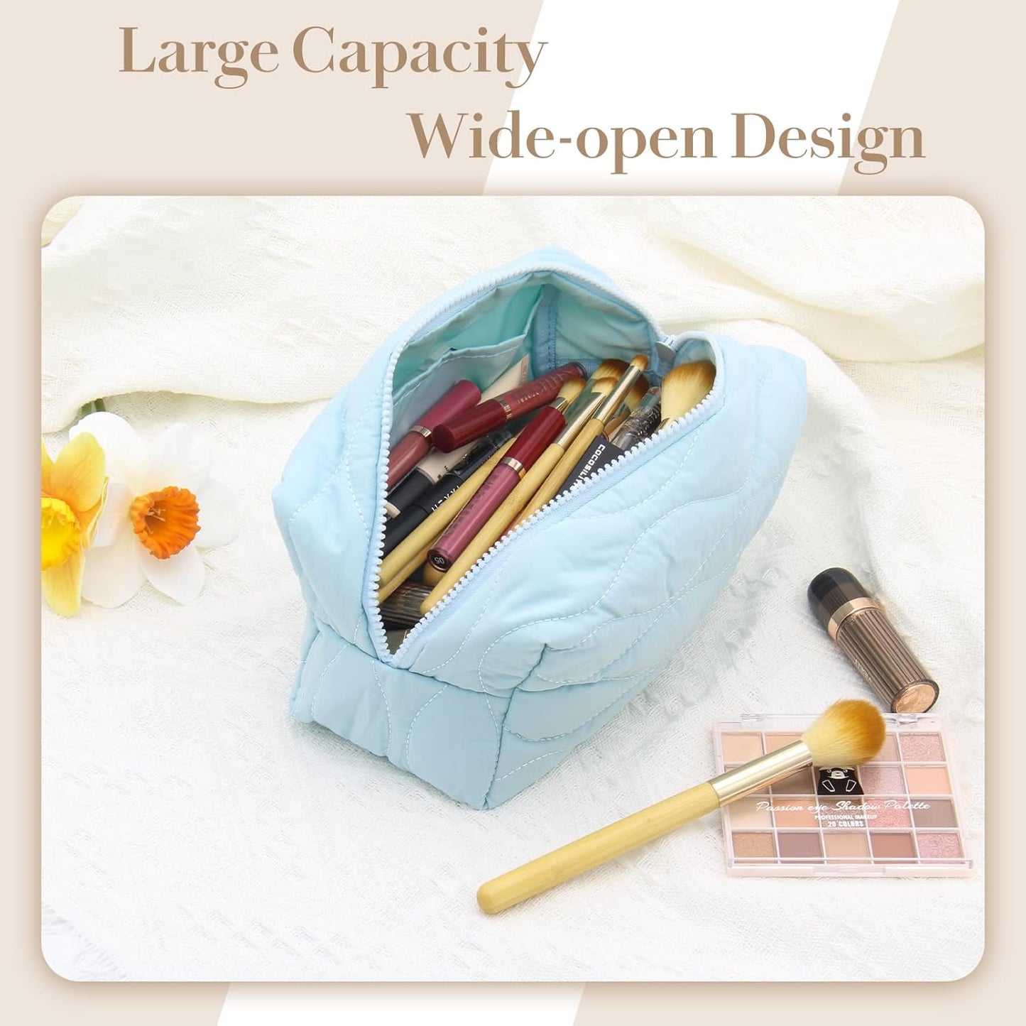 Make up Bag Travel Cosmetic Bag for Women Girls Zipper Puffy Padded Makeup Organizer Waterproof Portable Pouch Purse Lightweight Toiletry Accessories Storage Lake Blue