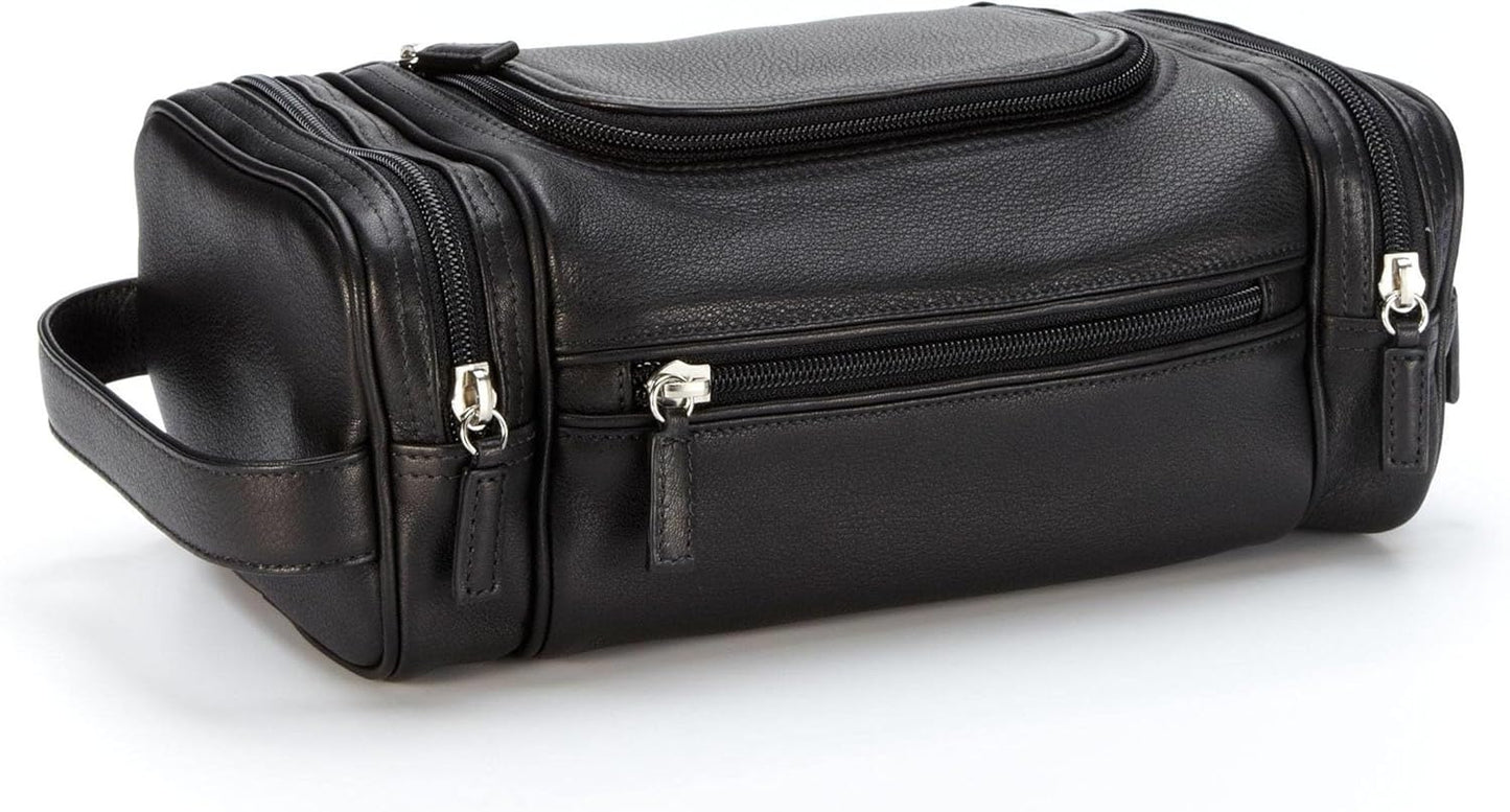 Leatherology Black Onyx Multi Pocket Toiletry Bag - Main top zippered compartment with additional side and front zippered pockets