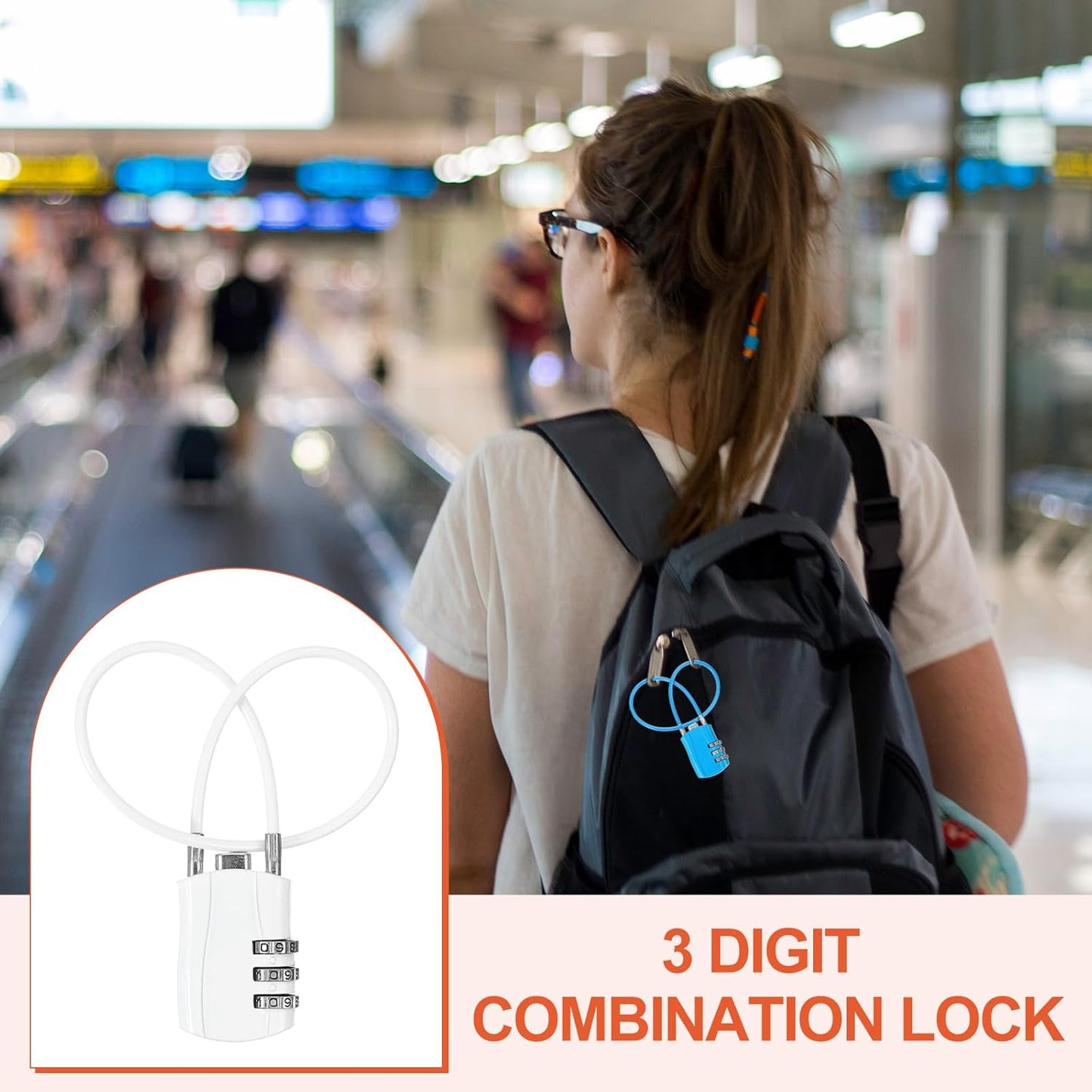MECCANIXITY 2 Pcs Luggage Travel Lock, 3 Digit Cable Combination Lock 1-3/16" Width Body with 12" Long Cable for Suitcase Bag Cabinets Small Fences Gym, White