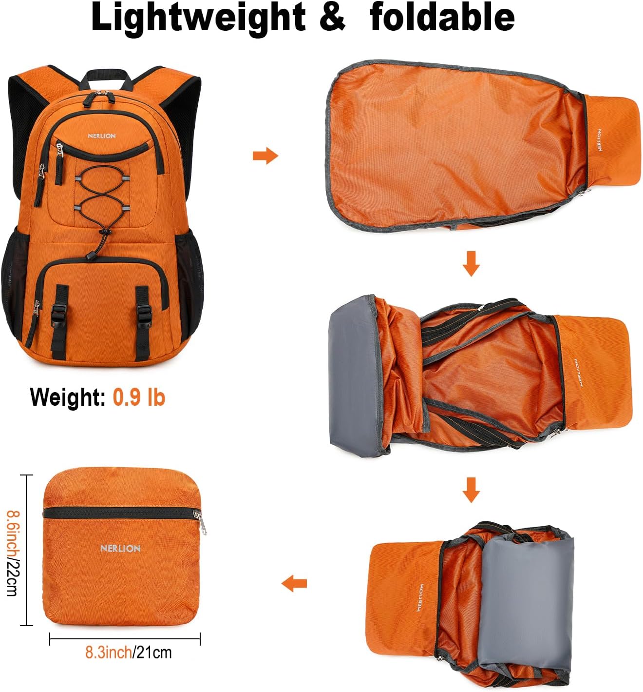 Nerlion Lightweight Foldable 35L Hiking Backpack Travel Backpack for Men Women Camping Waterproof Outdoor Hiking Daypack Backpack Orange