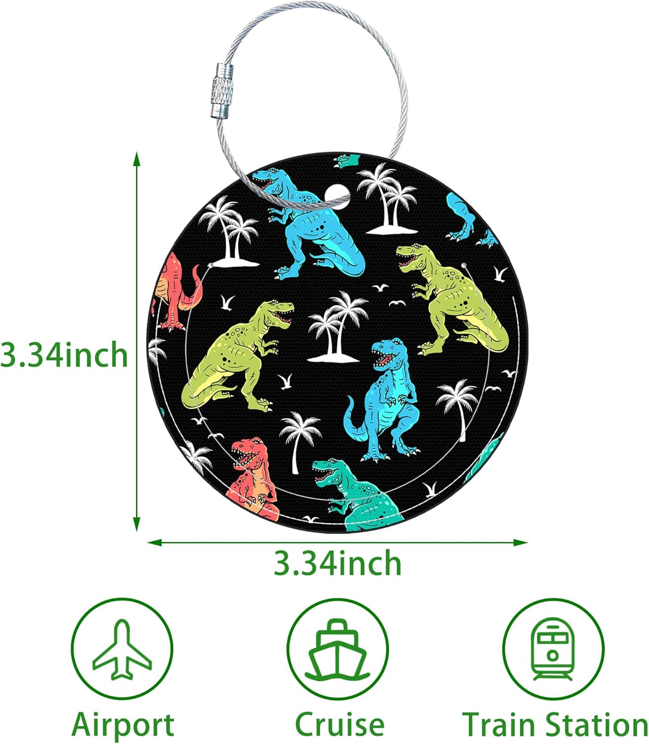 Round Cute Luggage Tags 2 Pack Colored Dinosaur Creative Baggage Tags,Cruise Travel Baggage Suitcases Tag with Stainless Steel Loop ID Tag Privacy Flap