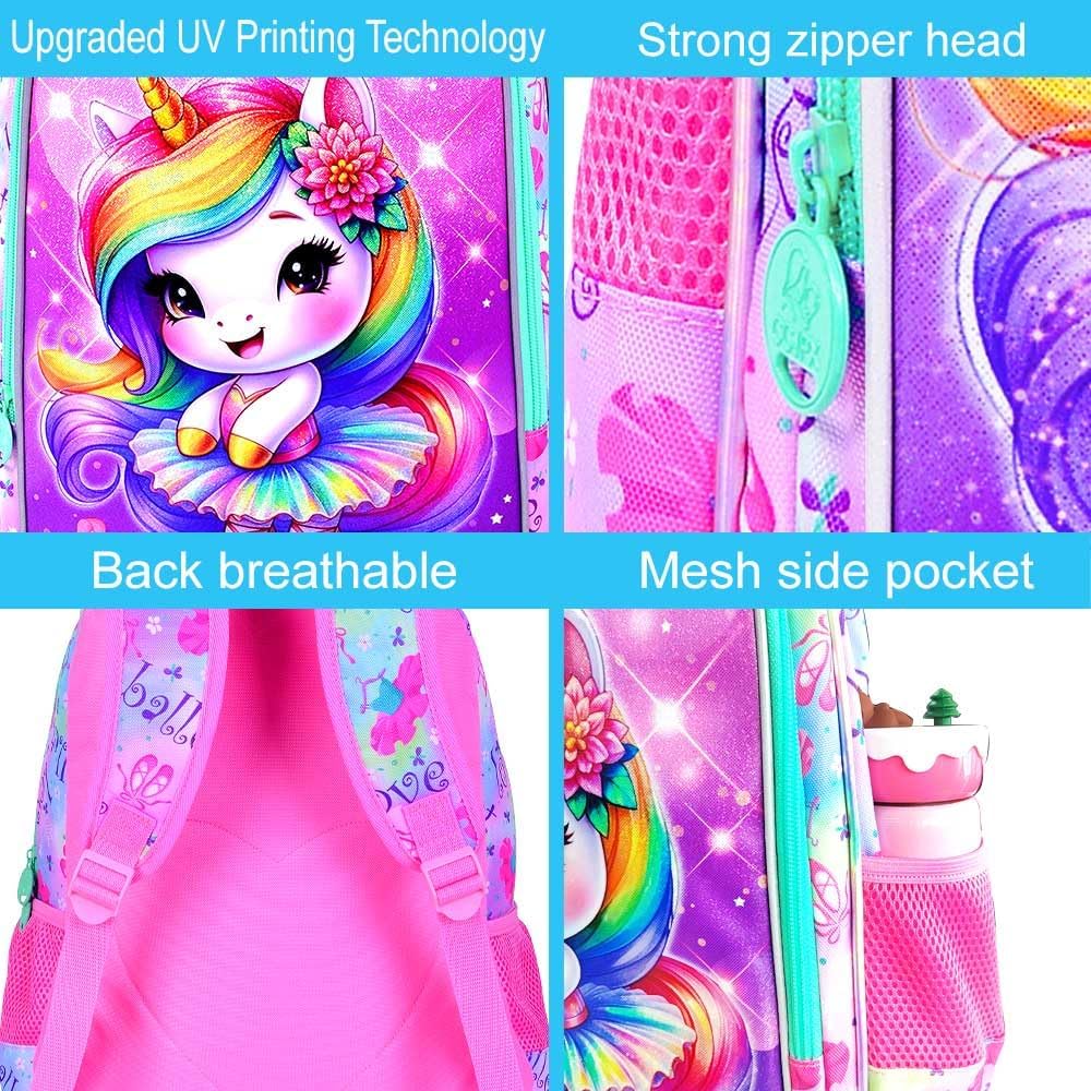 CCJPX 3PCS Unicorn Backpack for Girls, 16 Inch Kids Water Resistant Preschool Bookbags with Lunch Box, Cute Ballet Elementary School Backpacks for Kindergarten Toddler Travel