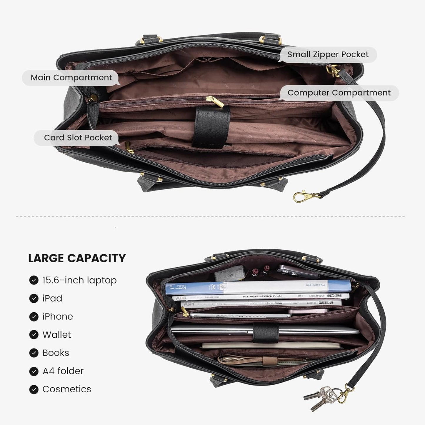 LOVEVOOK Laptop Bag for Women 15.6 Inch Tote Bags Waterproof Leather Briefcase Computer Women Business Office Work Bag,Vintage Black