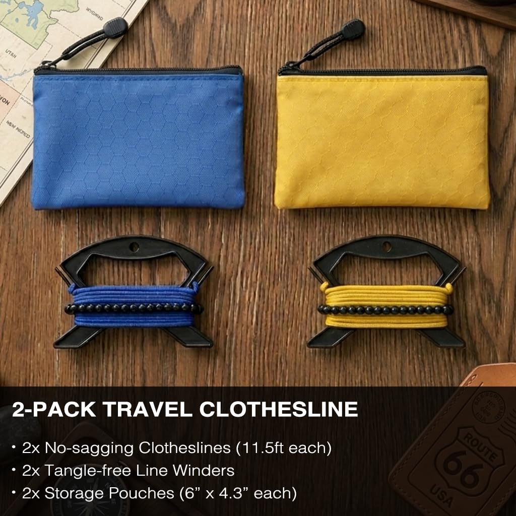 2 Pack Travel Clothesline, No Clothespins Needed, 48 Beads, Winders & Bags