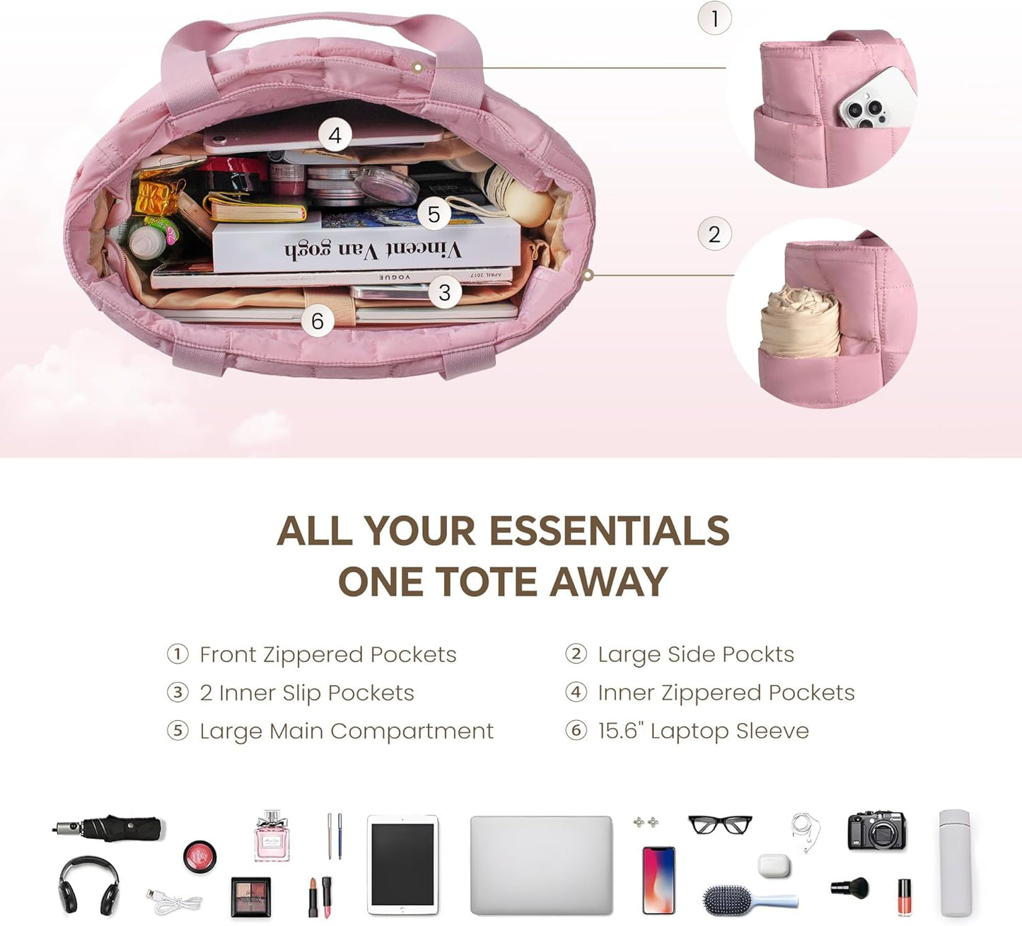 befen Laptop Tote Bag for Women Work, Travel Tote Bags Nurse Puffer Quilted Handbags, Lightweight Waterproof Beach Purse
