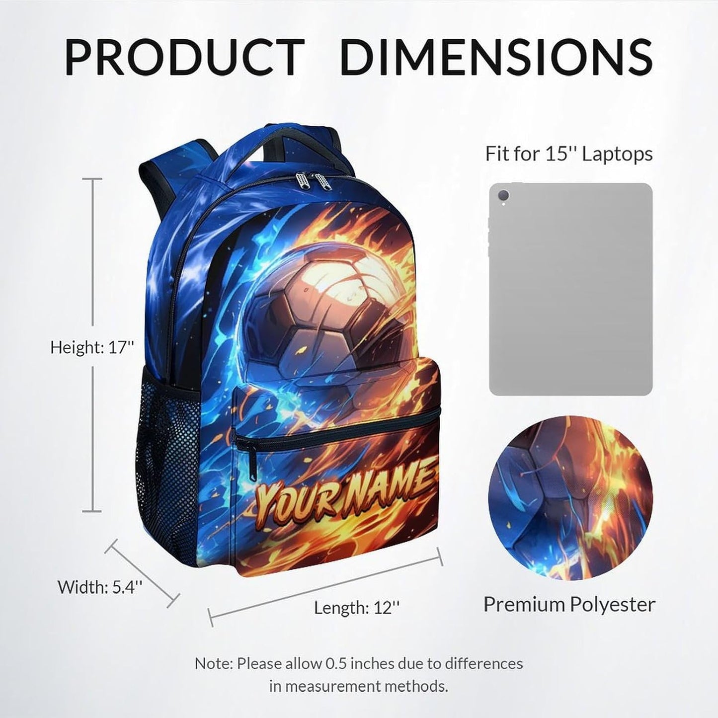 Boys Backpack, Personalized Soccer Backpacks for Kids, 17" Sports-Themed Bookbag for Elementary Kindergarten, Custom Sports Theme School Bag
