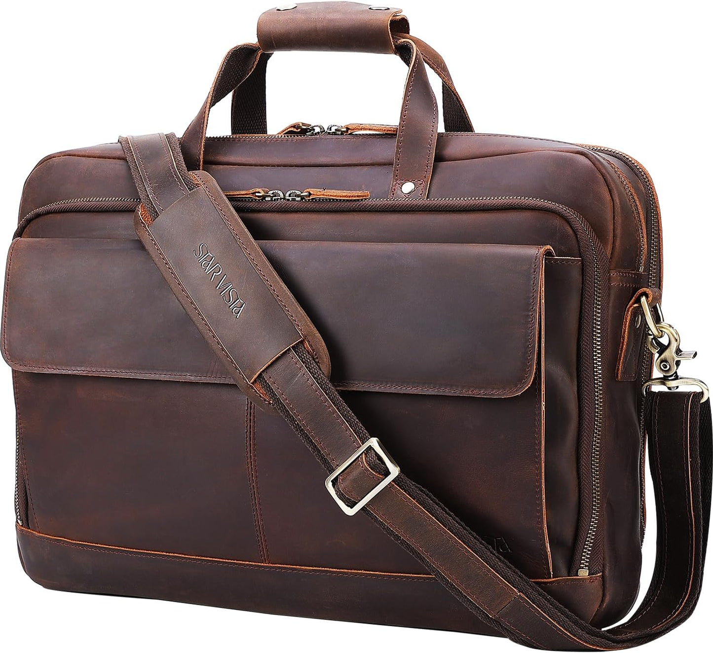 STAR VISTA Matteo Pro Large 18" Laptop Messenger Bag, Full Grain Leather Briefcase for Men, Business Travel, YKK Zippers and Brass Hardware, Fits 17.3" Laptop, Dark Brown