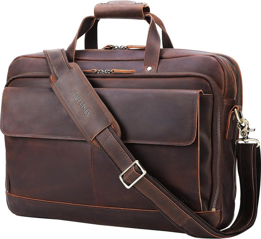 STAR VISTA Matteo Pro Large 18" Laptop Messenger Bag, Full Grain Leather Briefcase for Men, Business Travel, YKK Zippers and Brass Hardware, Fits 17.3" Laptop, Dark Brown