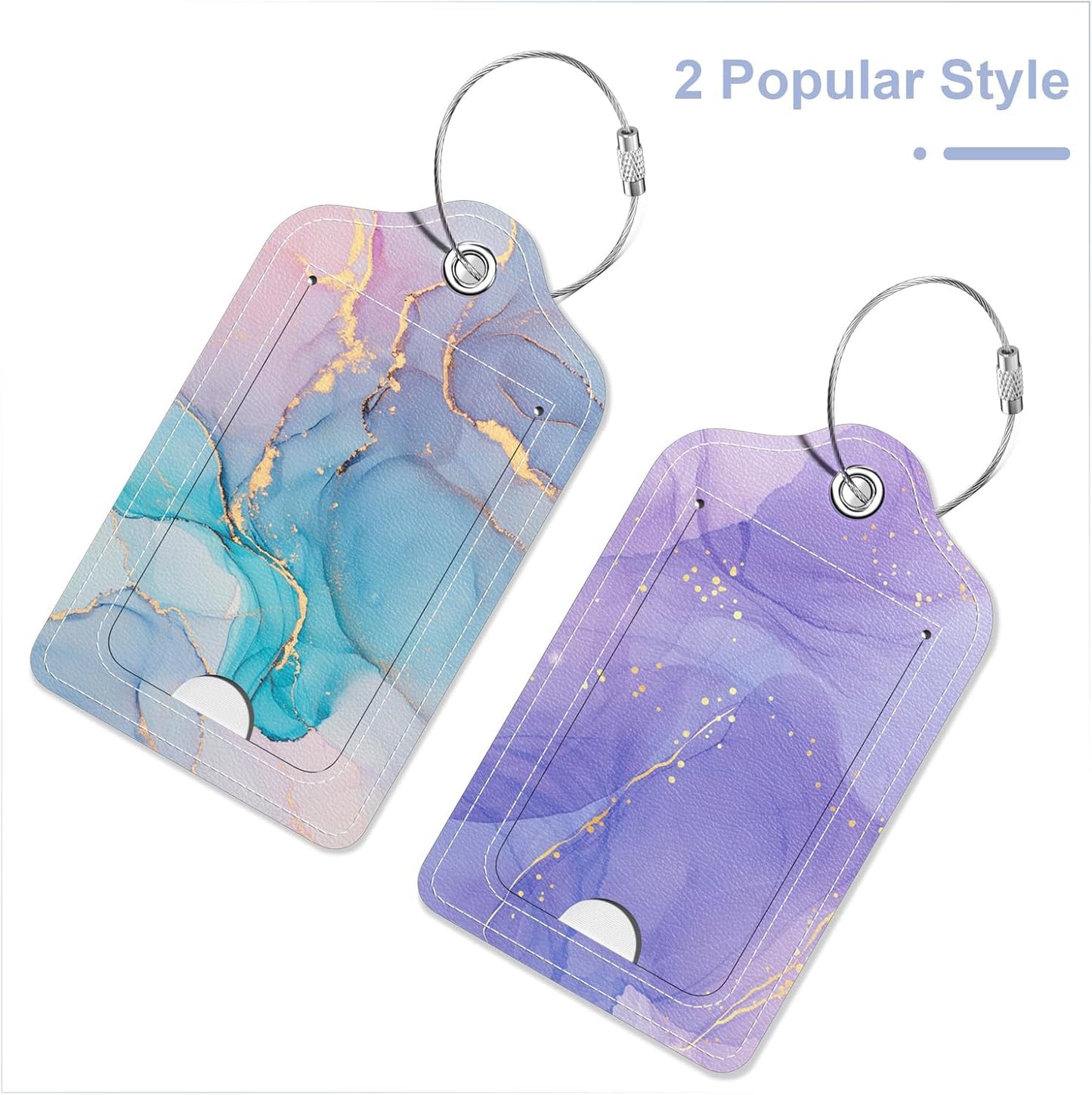 2 Pack PU Leather Luggage Tags for Suitcase, Travel Cruise Luggage Tag with Privacy Flap, Name ID Label and Metal Loop for Women Men Baggage Handbag School Bag Backpack, Colorful Marble
