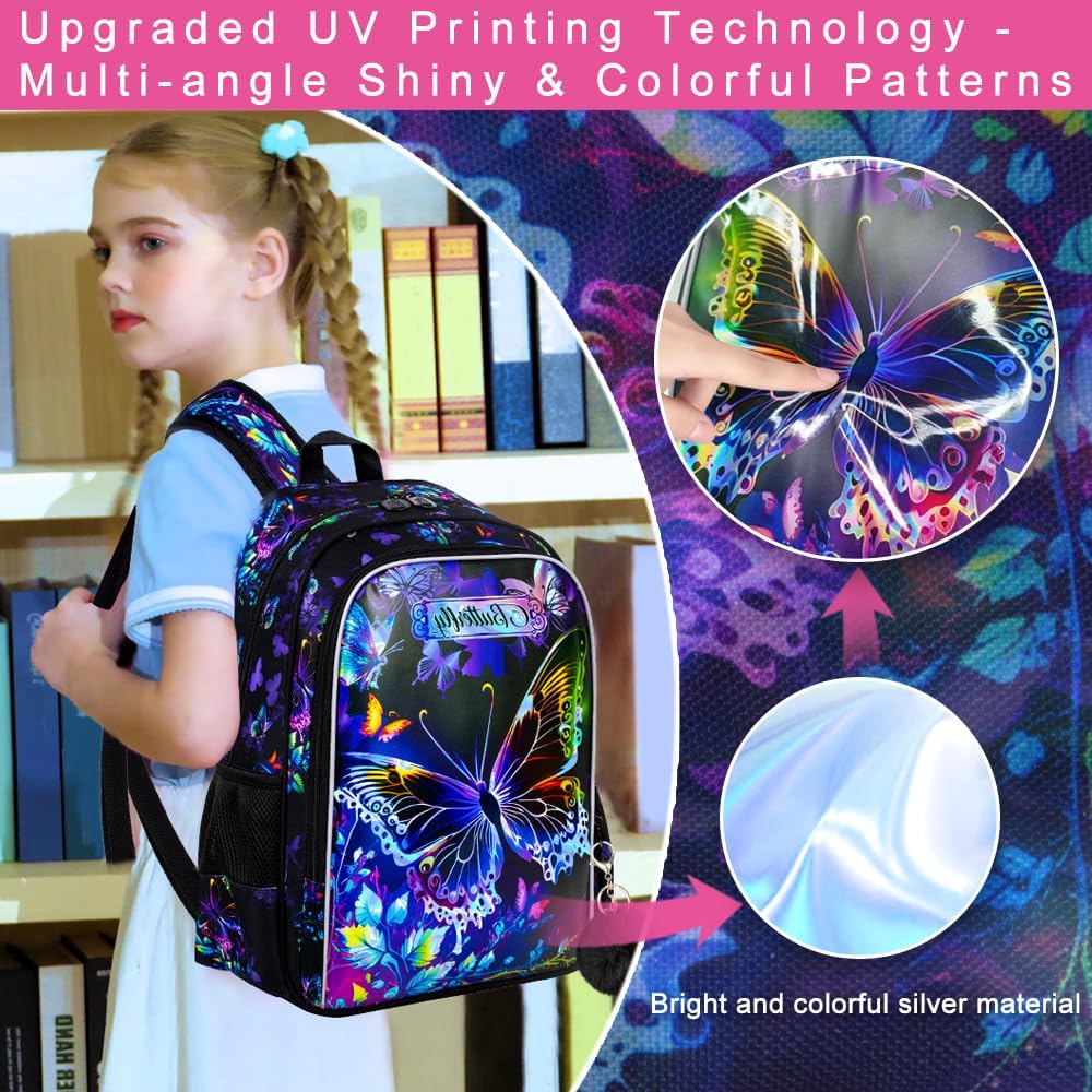 3PCS Backpack for Girls, Water Resistant Butterfly Bookbag Set with Lunch Box，Cute Elementary School Bag for Preschool Toddler