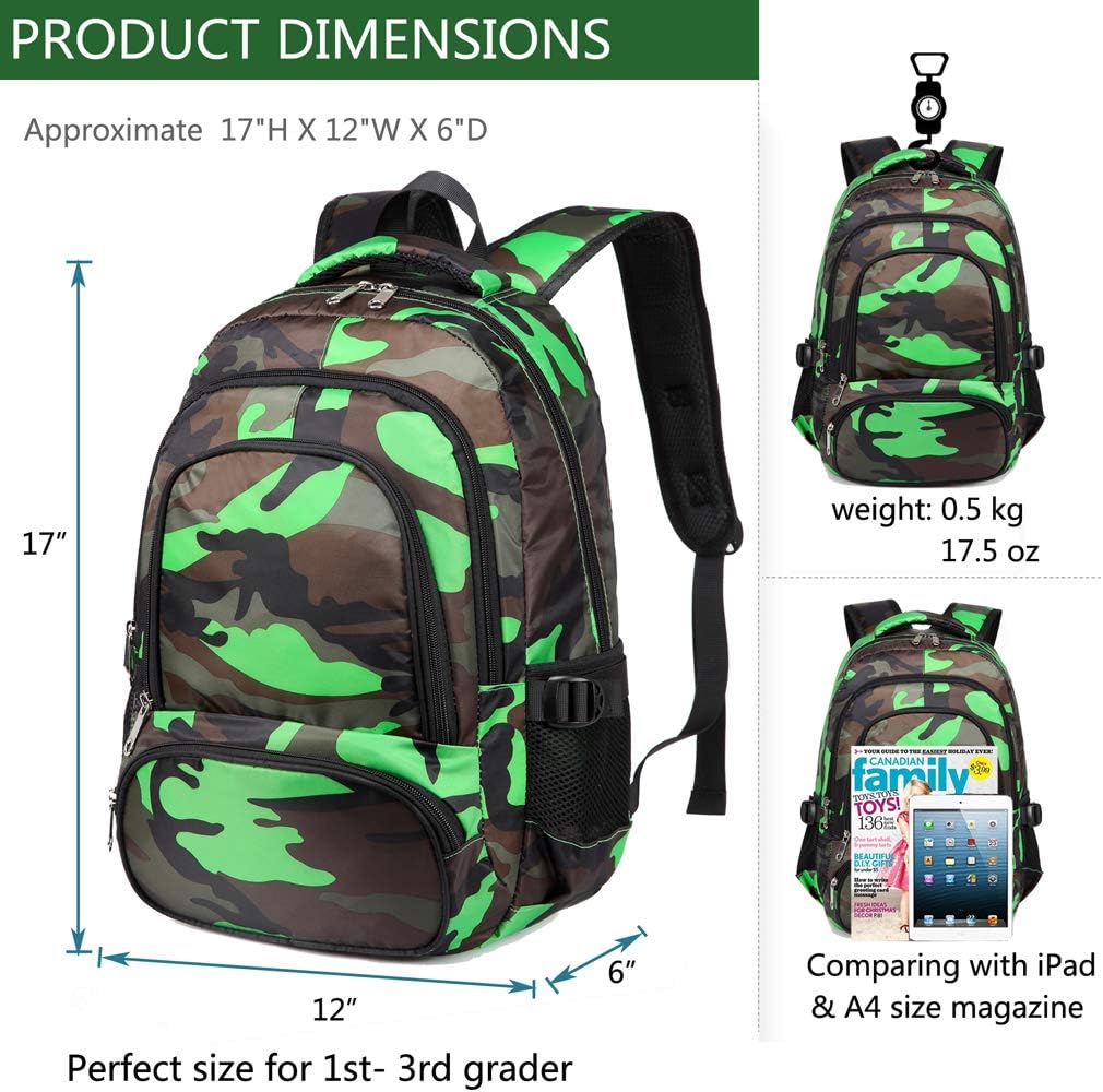 BLUEFAIRY Kids Backpacks for Boys Girls Elementary Primary Middle School Bookbags Back to School Bags for Childs Age 6-8 Mochilas Escolares para Niños Niñas 17 Inch Black/Green