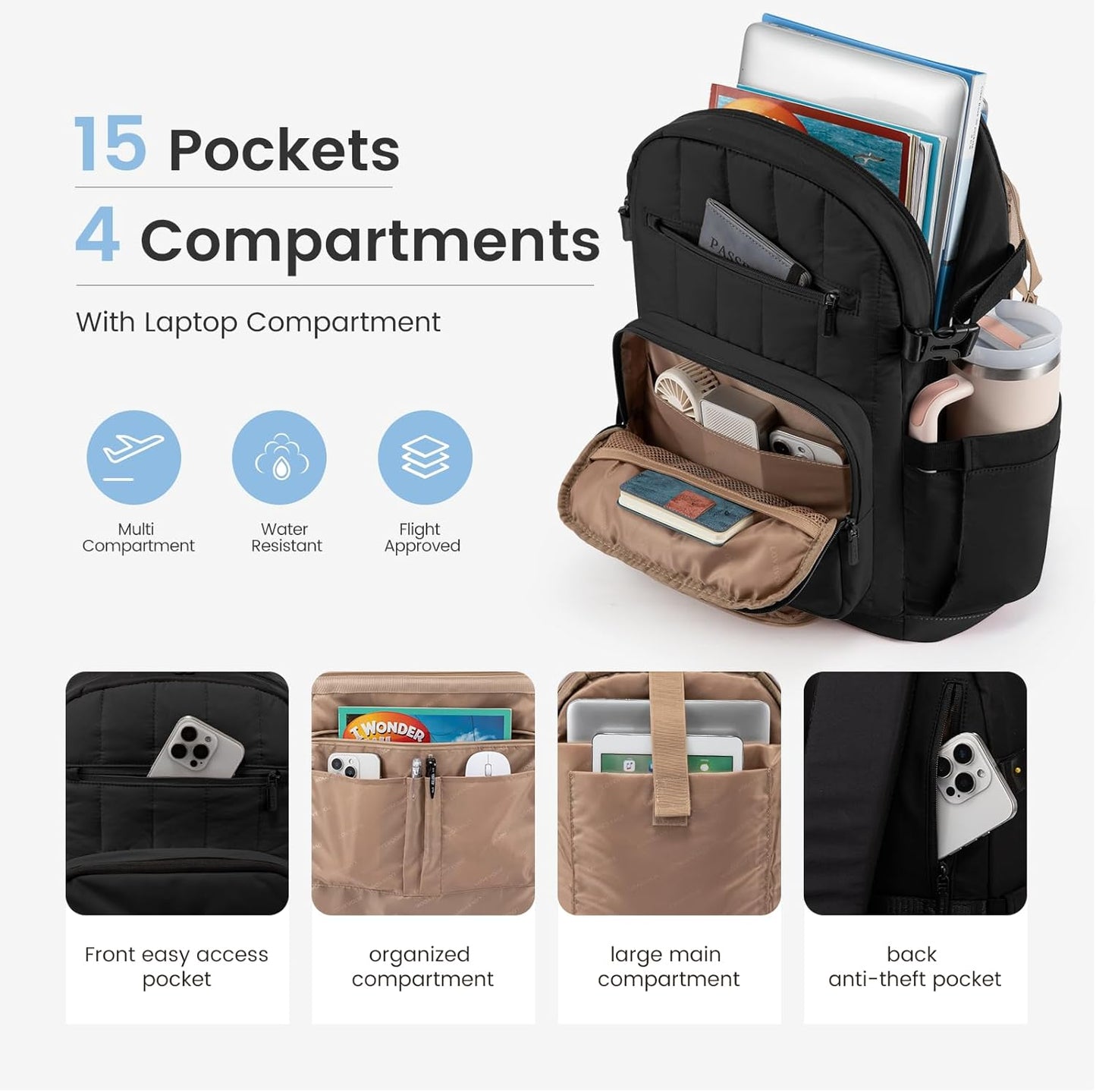 LOVEVOOK Laptop Backpack for Women with Pouch Pocket for Large Capacity Cup,15.6 Inch Lightweight Puffer Computer Laptop Bag Quilted Travel Backpack Purse for Work College Teacher Personal Item,Khaki
