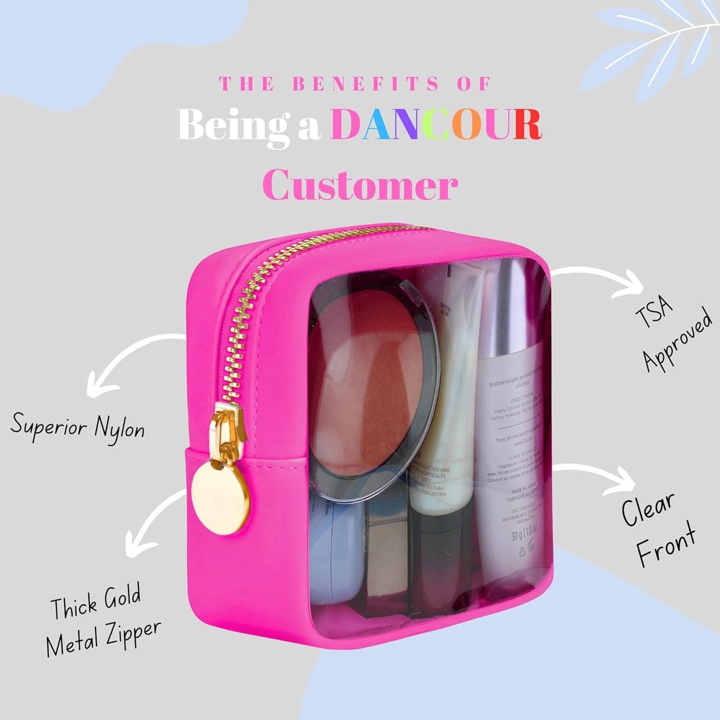 DANCOUR Clear Mini Makeup Bag for Purse Small Cosmetic Pouch Travel Case Transparent Toiletry Organizer Portable Clear Pouch Hot Pink