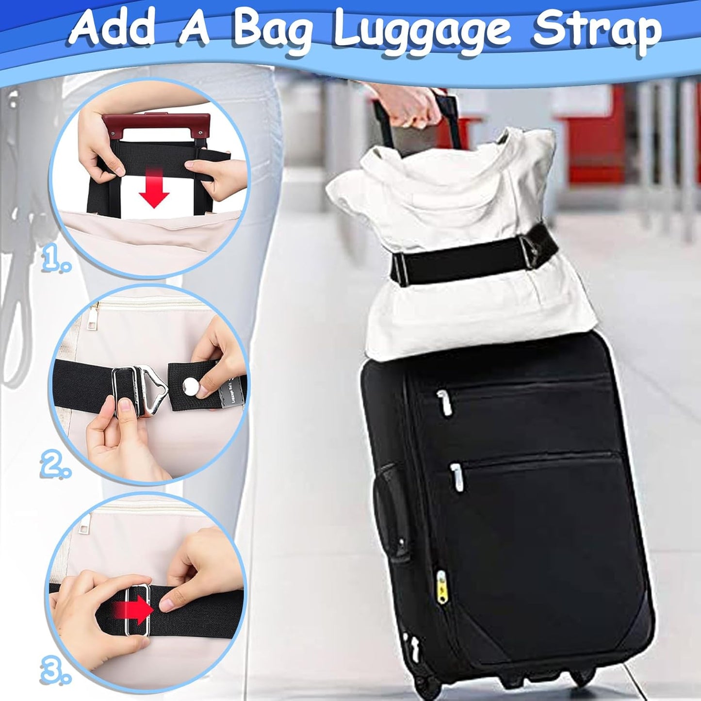 Luggage Straps Travel Belt for Luggage, Add a Bag Luggage Strap for Backpack, 2-in-1 Suitcase Belts Adjustable Elastic Airport Travel Accessories for Women & Men