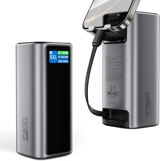 Laptop Power Bank, 130W Portable Charger with Dual Ports & Built-in Retractable Cable, Smart Digital Display, 20000mAh Portable Power Bank for iPhone 17/16/15 Pro/Pro Max Series, MacBook, Android
