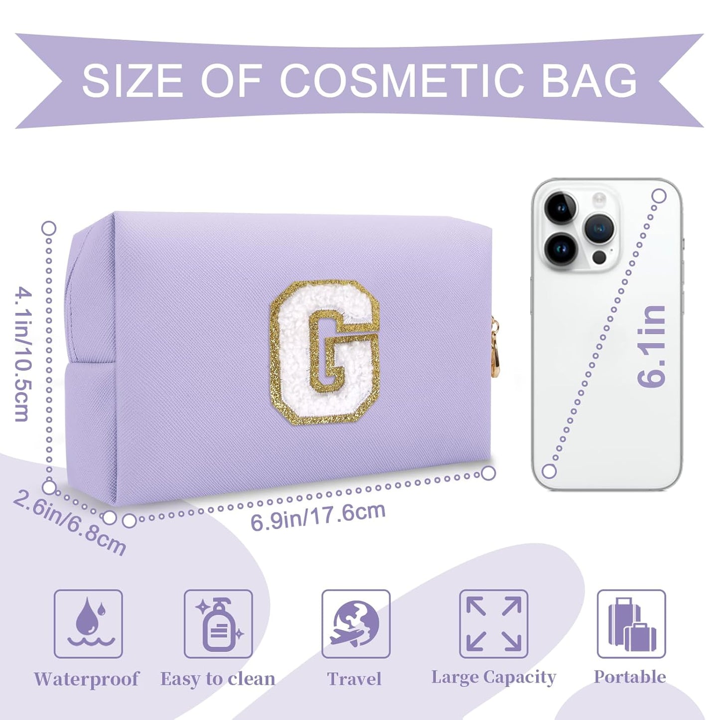 Personalized Makeup Bag Initial A-Z Preppy Patch Bag,Small PU Leather Travel Cosmetic Bag Pouch with Zipper,Purple Cute Toiletry Bag,Gift Ideal for Teen Girls Women Birthday Friend Mom,Latter G
