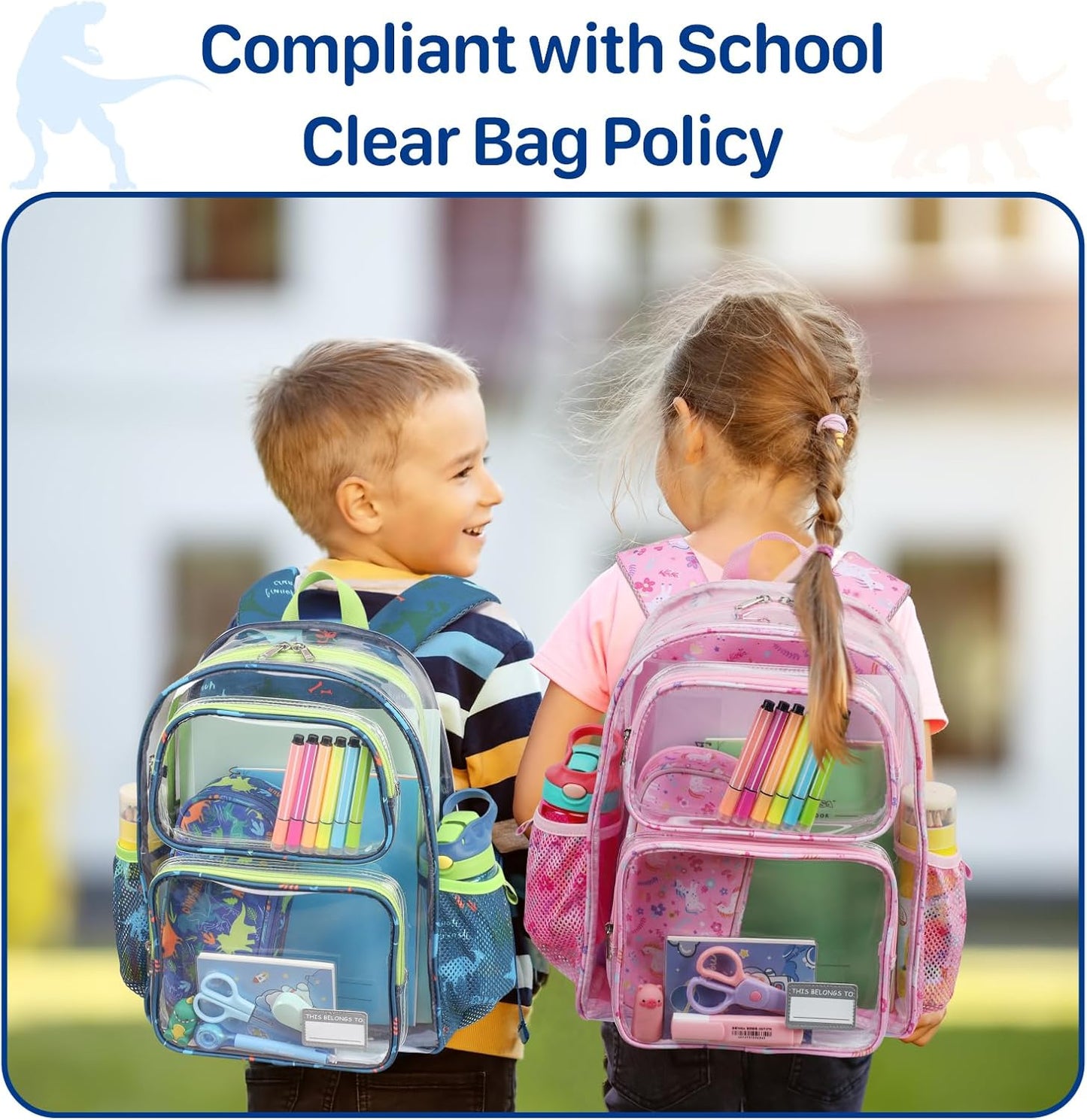 Bagseri Clear Backpack for Kids - 15 Inch Clear Bookbag for Boys Aged 3 to 8 Heavy Duty Transparent Backpack for School, Safe Reflective Strip, Cute Fabric Back Panel, Green Dinosaur
