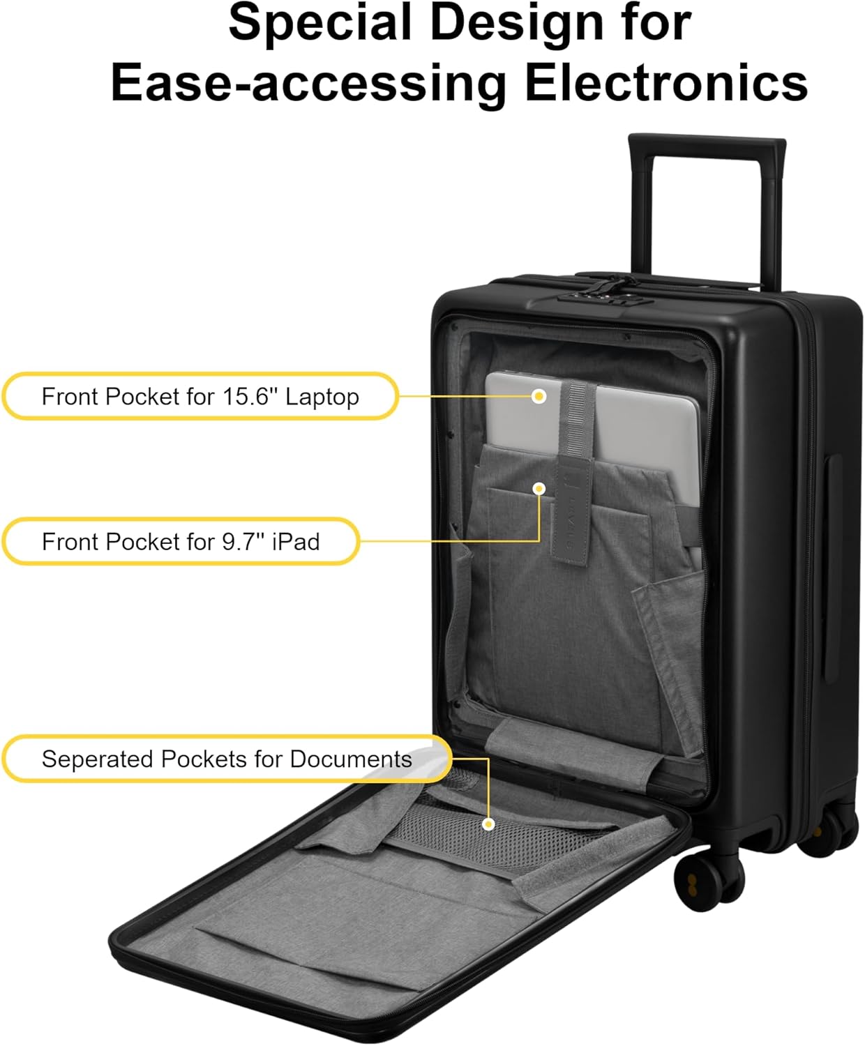 LEVEL8 Carry On Luggage with Compartment, 20 Inch Lightweight Hard Shell Rolling Suitcase with Wheels Airline Approved with Front Pocket, Double Tsa Locks, Black