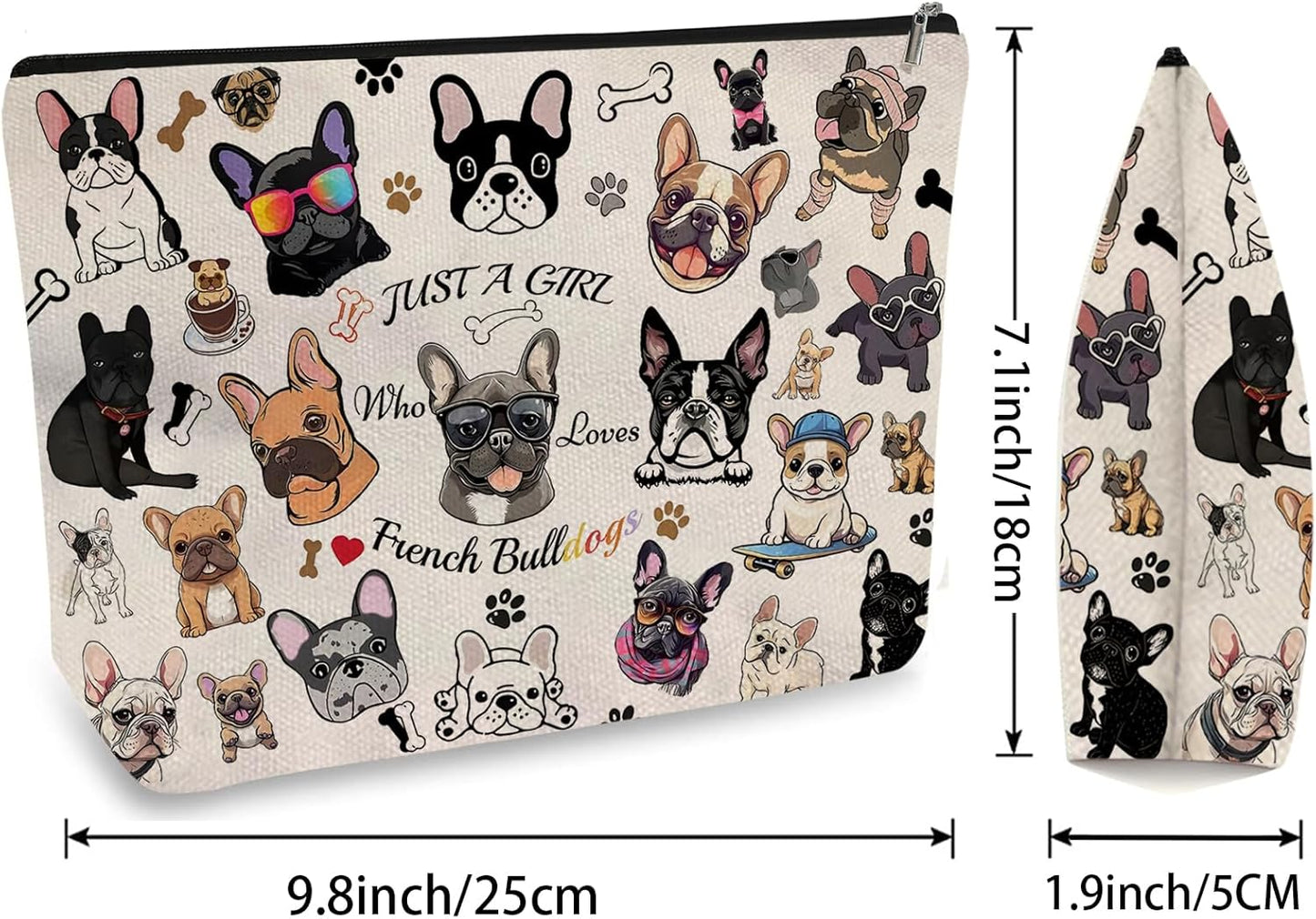 DOOX French Bulldog Makeup Bags with Lining, Funny Cosmetic Bags Pencil Pouch - Double-Sided Print - Cute Birthday & Christmas French Bulldog Gifts for Daughter, Sister, Women