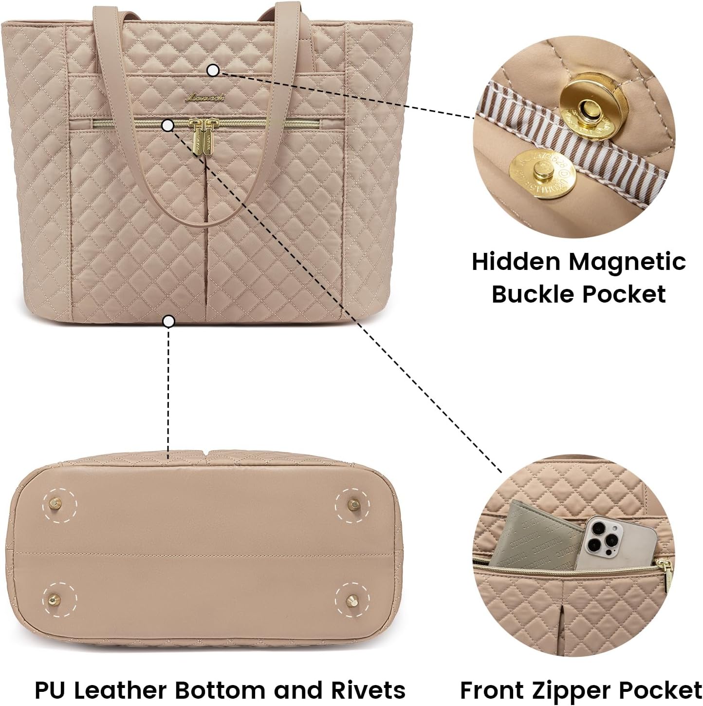 LOVEVOOK Laptop Bag for Women 15.6 inch,Diamond Quilted Work Tote Bags Womens Laptop Computer Shoulder Bags,Stylish Travel Tote Bags Laptop Purse Briefcase Handbag with Clutch Purse,Khaki