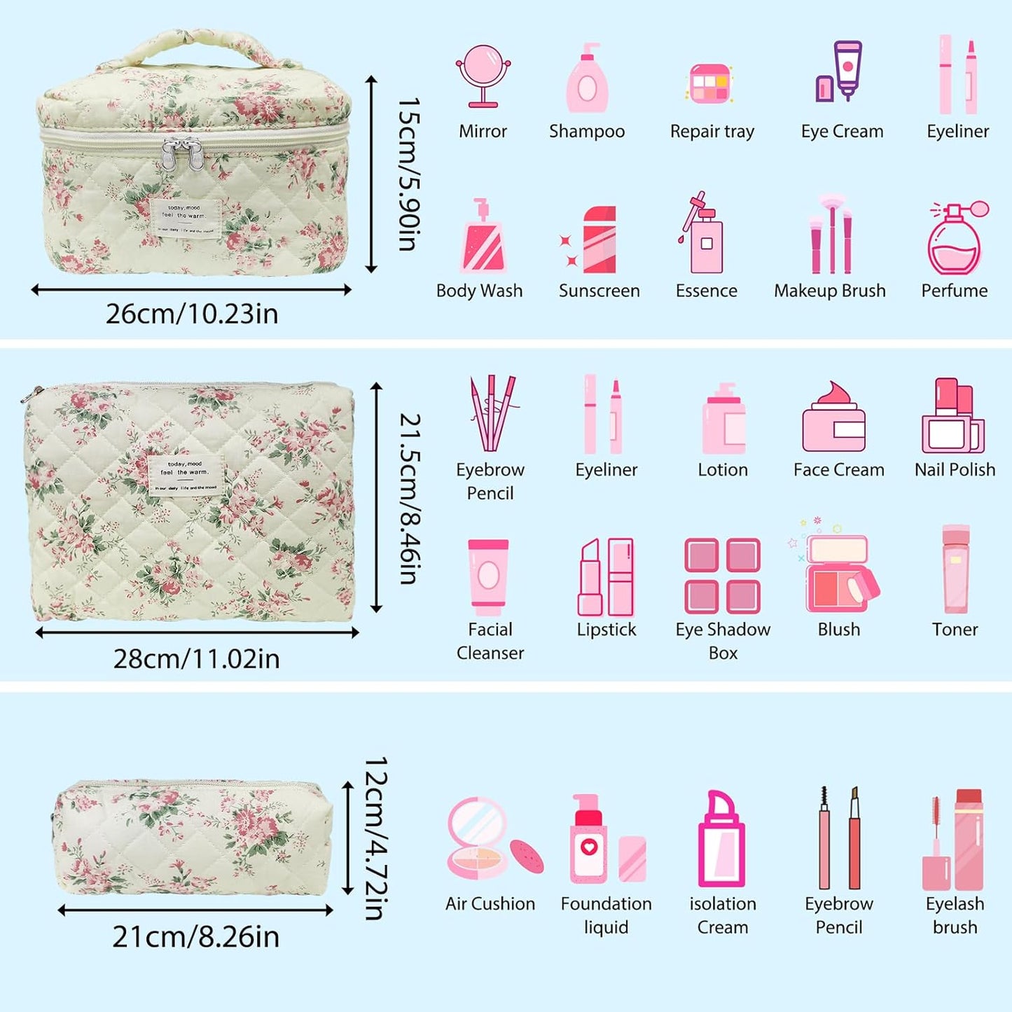Quilted Makeup Bag, Large Capacity Travel Cosmetic Bag for Women and Girls, Aesthetic Storage, Suitable for Daily and Travel Use (3pcs-PinkRose)