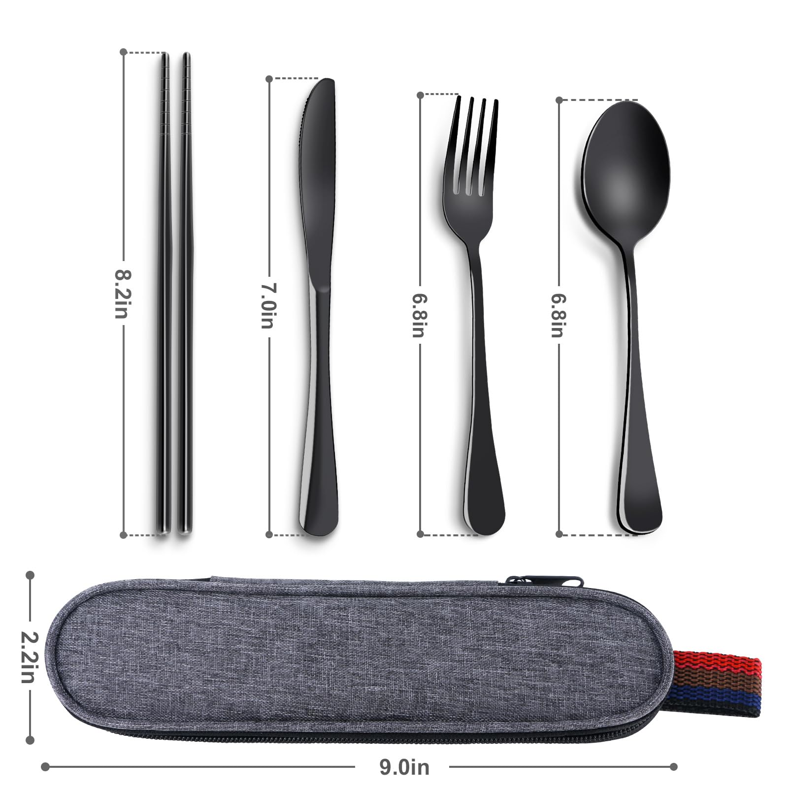 GuoluvSoo 5 Piece Travel Utensils Set With Case, Stainless Steel, Black