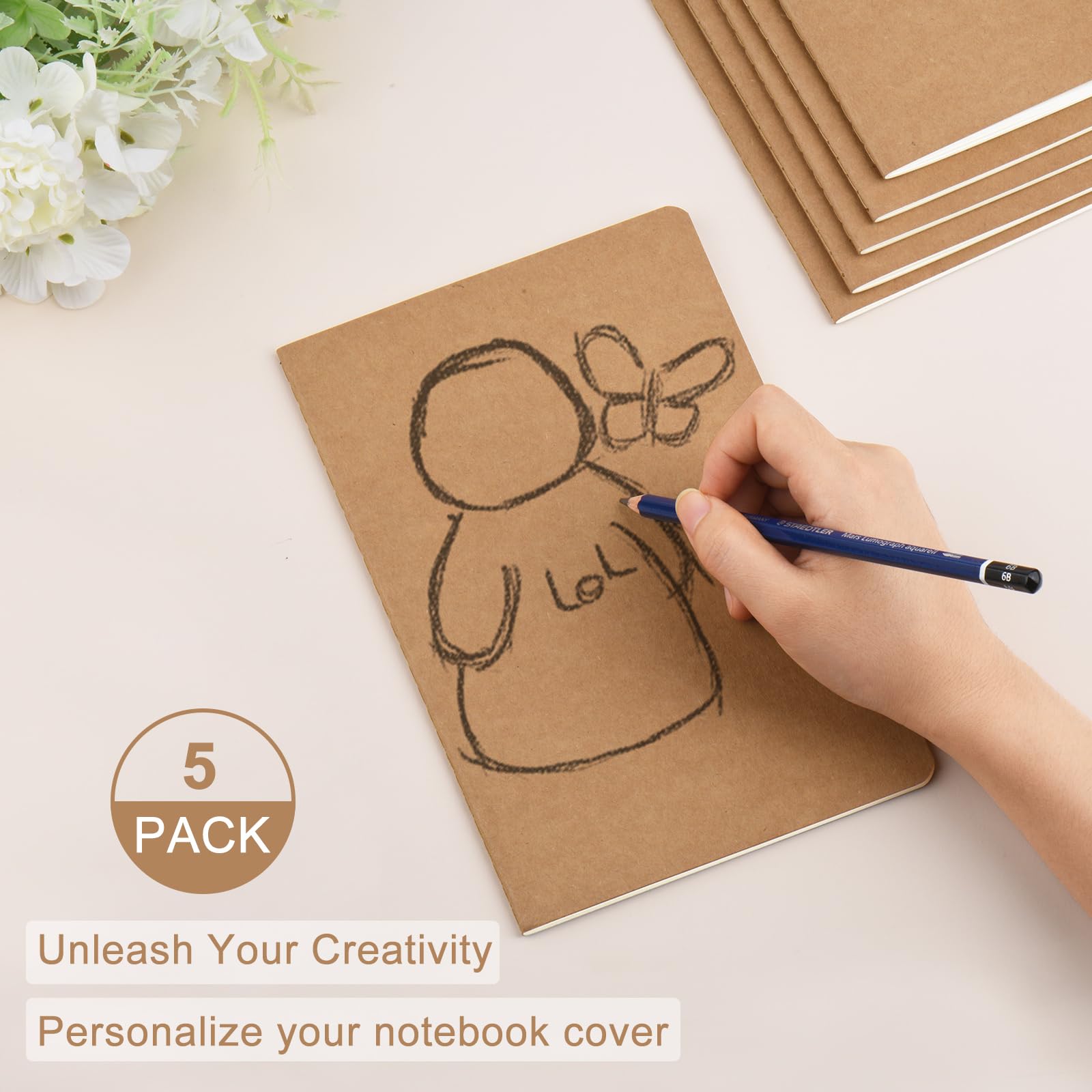 ZCZN 5 Pack A5 Kraft Notebooks Bulk, 8.15x5.5 Inches Lined Paper Journaling Notebooks, Notebooks