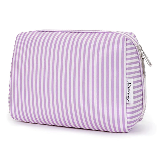 Narwey Striped Makeup Bag Travel Cosmetic Bag Organizer Toiletry Bag Make Up Bags with Compartments for Women Girls (Large, Purple Stripe)
