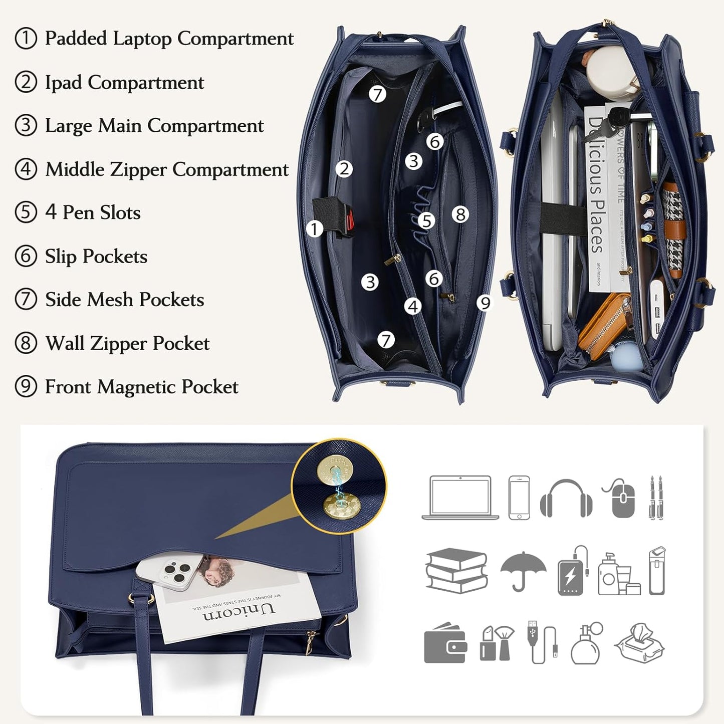 RAINSMORE Laptop Bag for Women 15.6 Inch Work Tote Bags Leather Laptop Tote Waterproof Computer Bag Professional Office Business Briefcase Large Handbag for College Teacher Travel, Blue