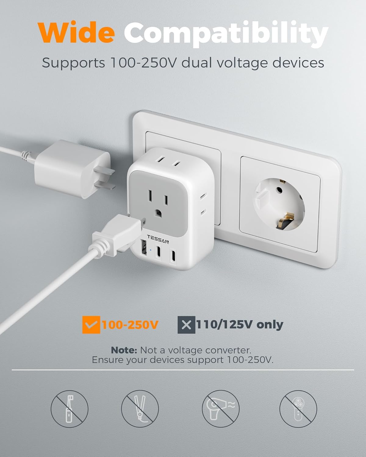 TESSAN 2 Pack Type E F Plug Adapter (2 USB-C), France Spain South Korea Power Adapter with 4 Outlets 3 USB, European Travel Adaptor for US to Germany Iceland Greece Portugal