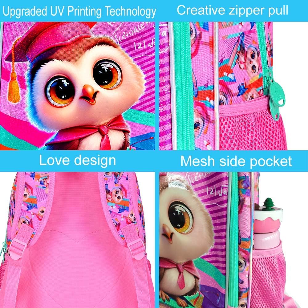 3PCS Owl Bookbag for Girls, 16" Kids Backpack with Lunch Box, Water Resistant Elementary Preschool Toddler School Bag - Pink Dr. Owls