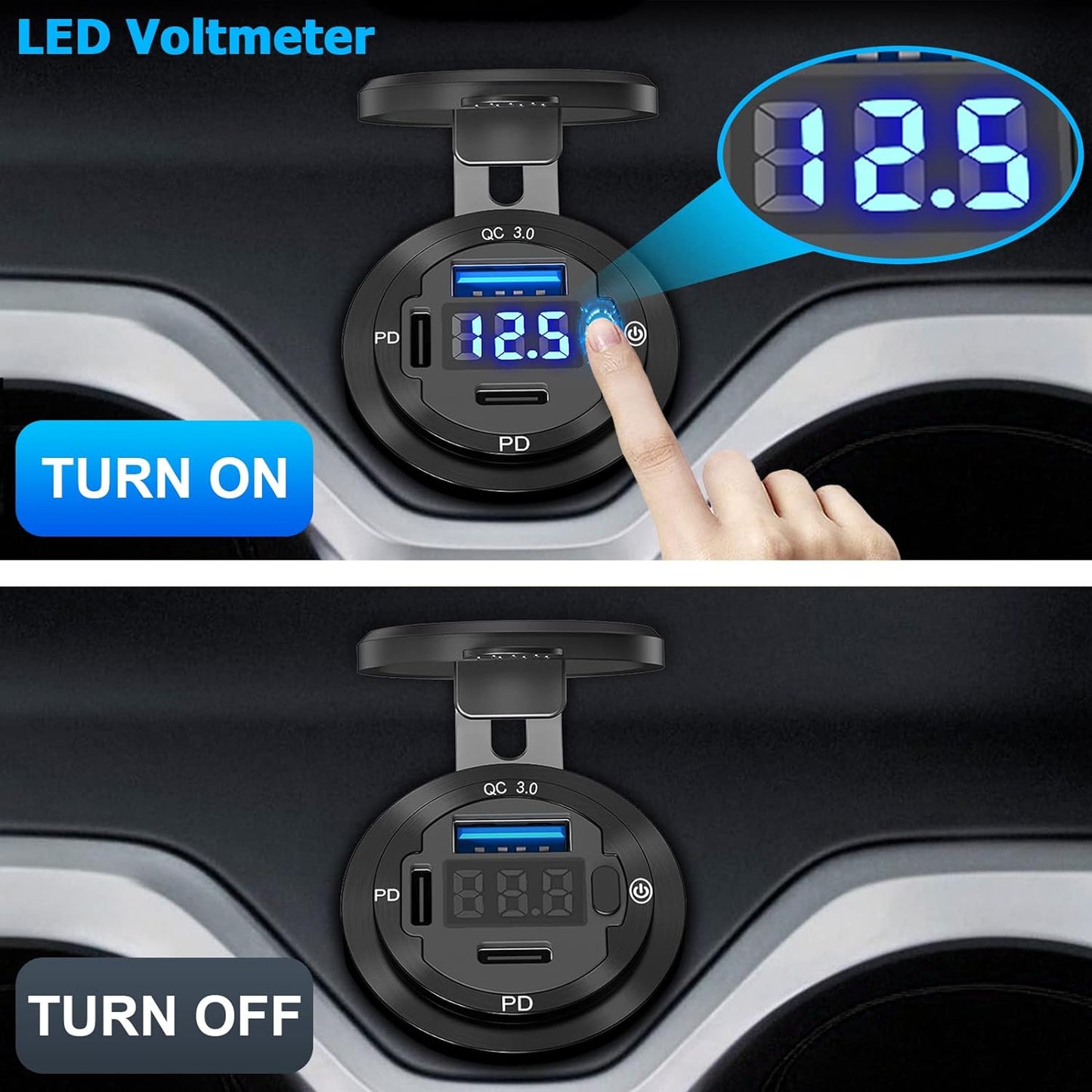USB C Car Charger Socket 12V USB Outlet 2 Pack: Aluminum Metal 78W Dual PD 30W and 18W QC3.0 Port Multi Charger Outlet with LED Voltmeter Power Switch for RV Motorcycle Boat Marine