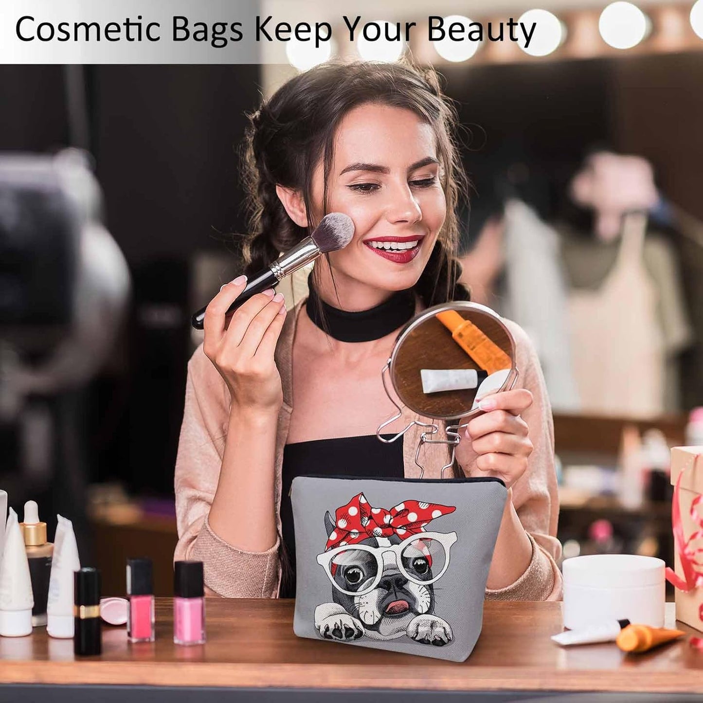 Makeup Bag French Bulldog Makeup Bags For Purse Pouch, Cute Puppy Bulldog Glasses Travel Toiletry Bag Cosmetic Bag Makeup Bags Flax Makeup Organizer Bag Pencil Pouch For Man Woman, Gray